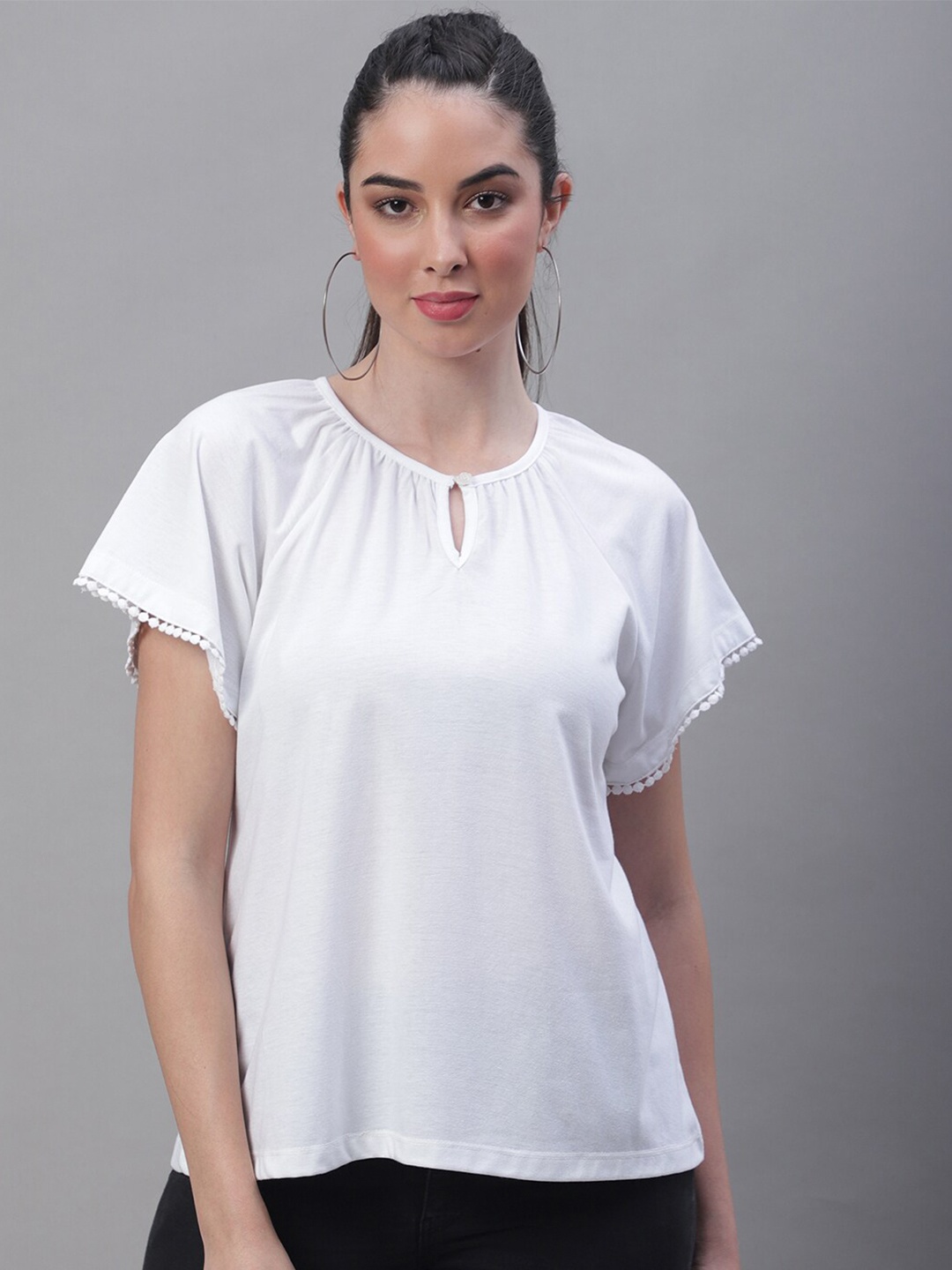 

Rute Keyhole Neck Flared Sleeves Cotton Top, White