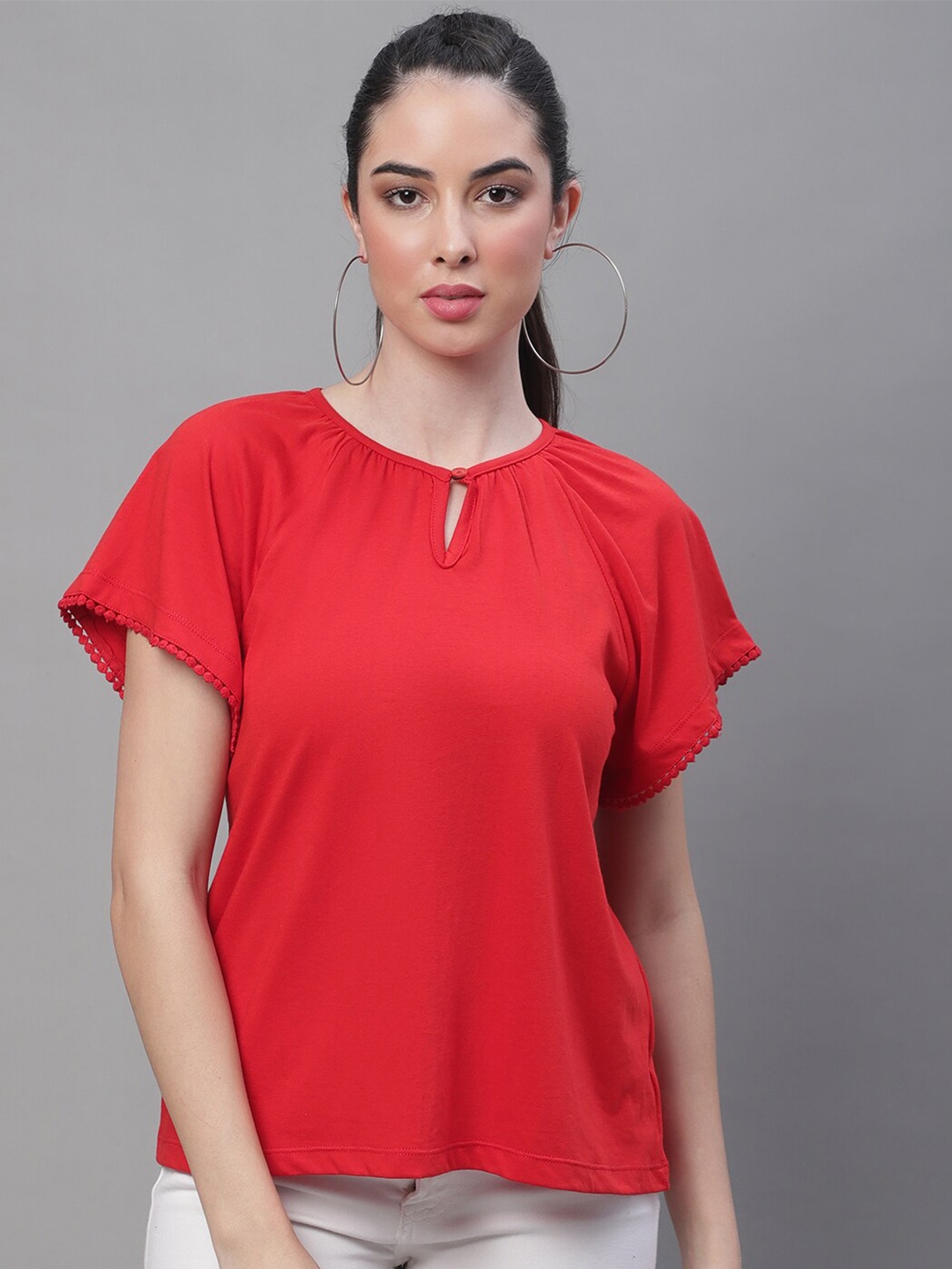 

Rute Keyhole Neck Raglan Sleeves Cotton Top, Red