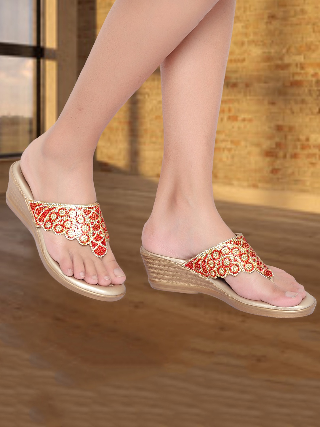 

Action Embellished Open Toe Wedges, Red