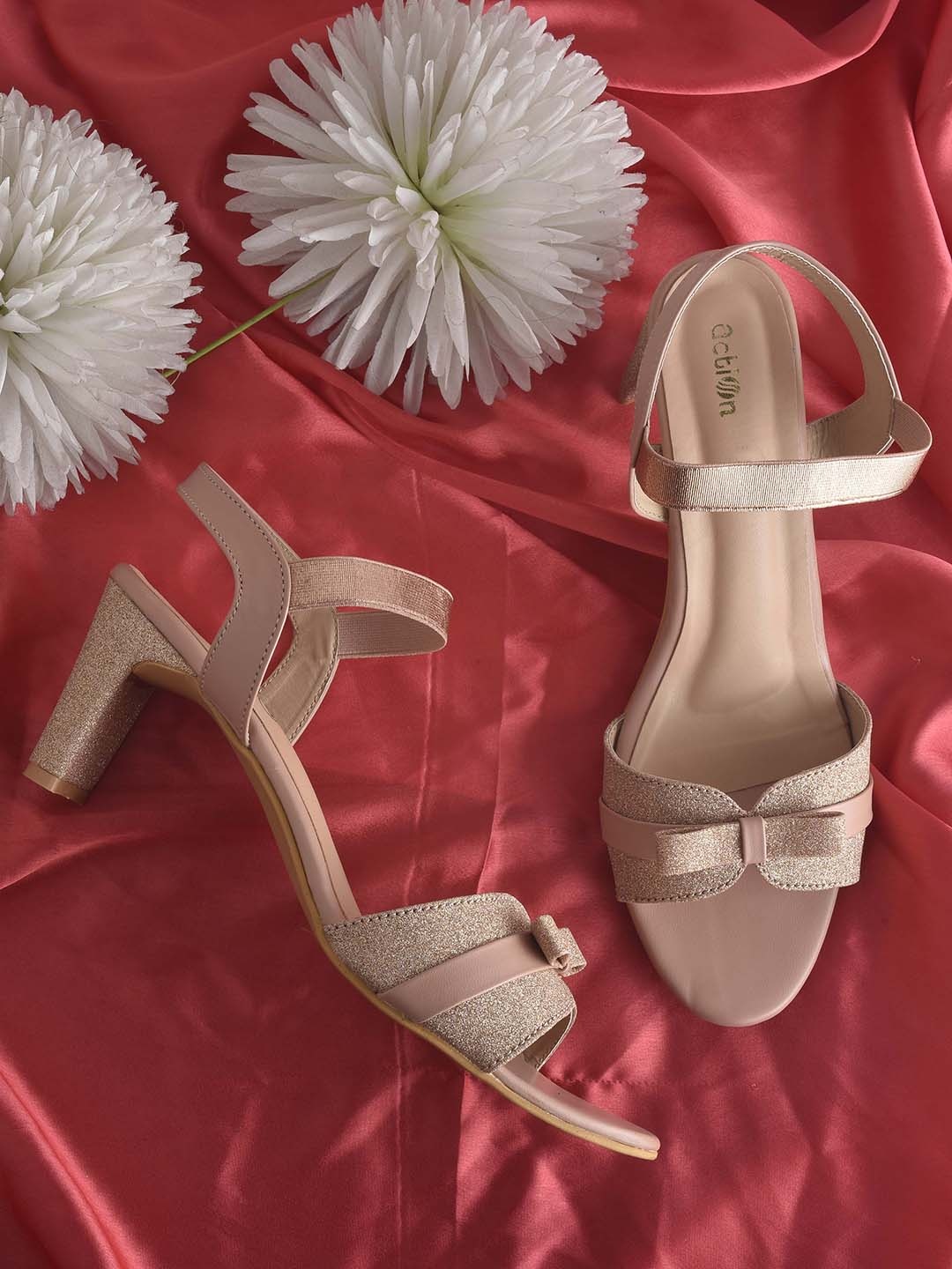 

Action Embellished Open Toe Slim Heels With Bows, Peach