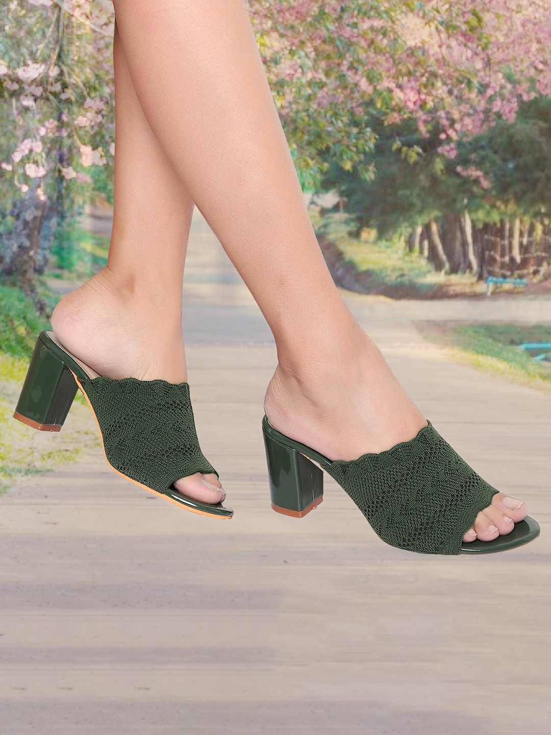 

Action Woven Design Block Heel Mules, Olive