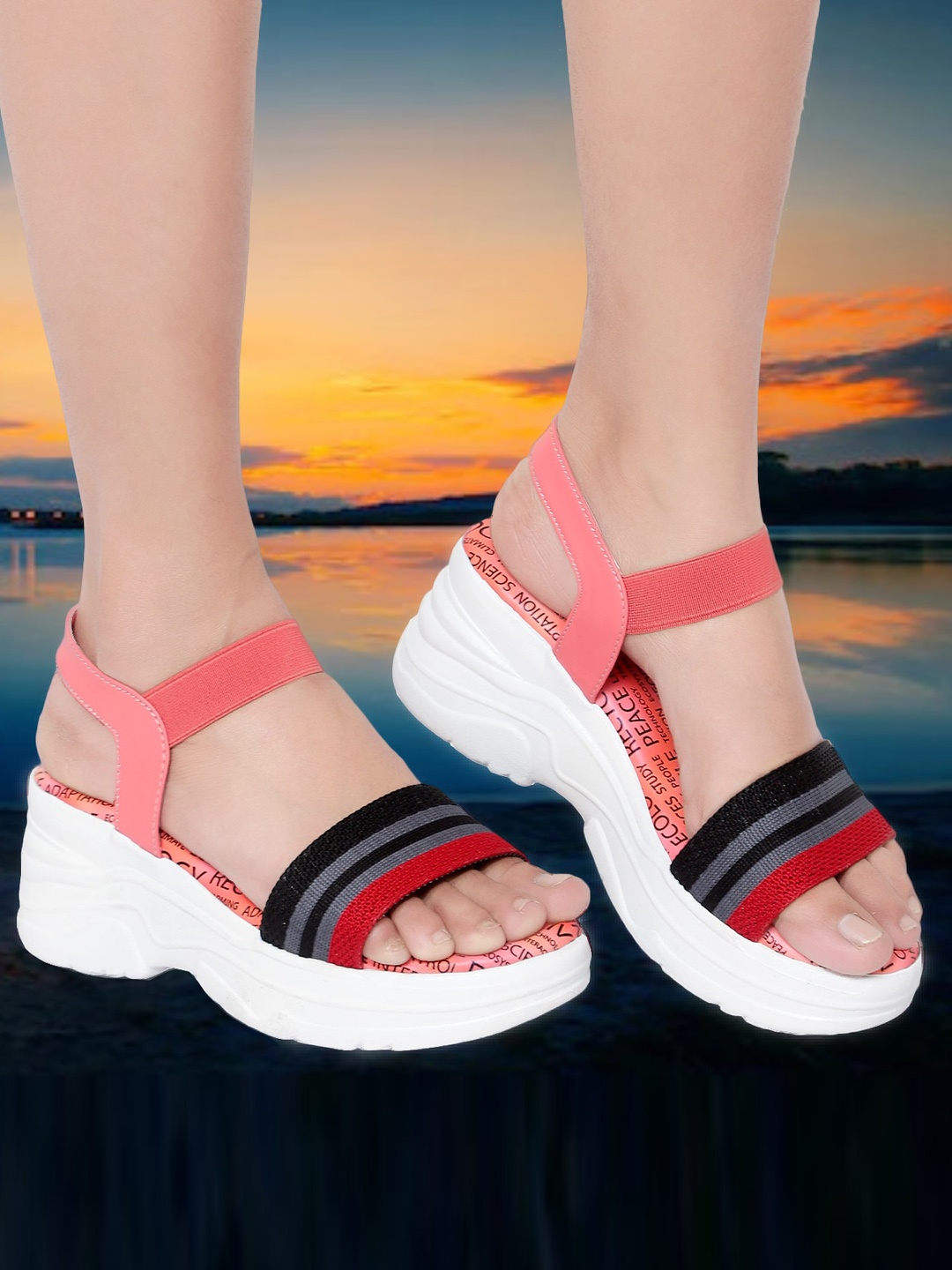 

Action Woven Design Open Toe Wedges With Backstrap, Red
