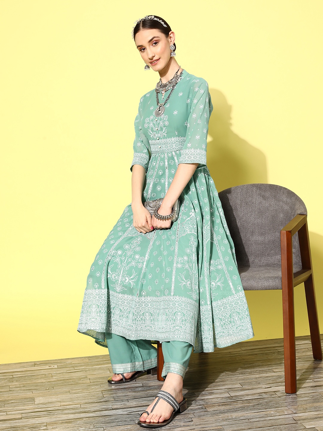 

Juniper Green Floral Foil Printed Anarkali Kurta With Palazzos