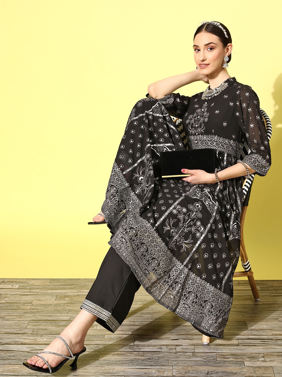 

Juniper Black Floral Foil Printed Regular Kurta With Palazzos