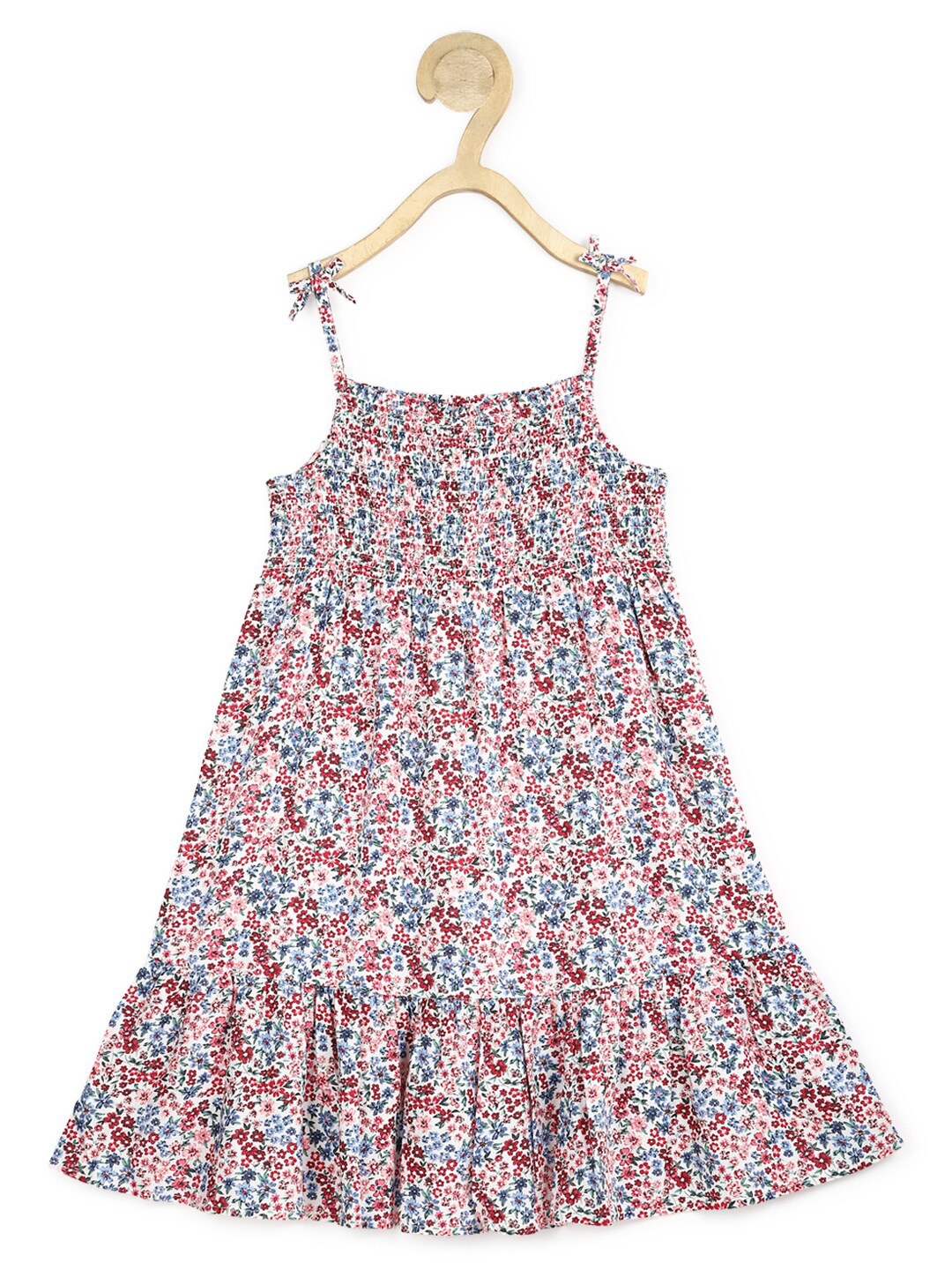 

Peter England Girls Shoulder Straps Floral Printed Smocked Cotton A-Line Dress, Pink