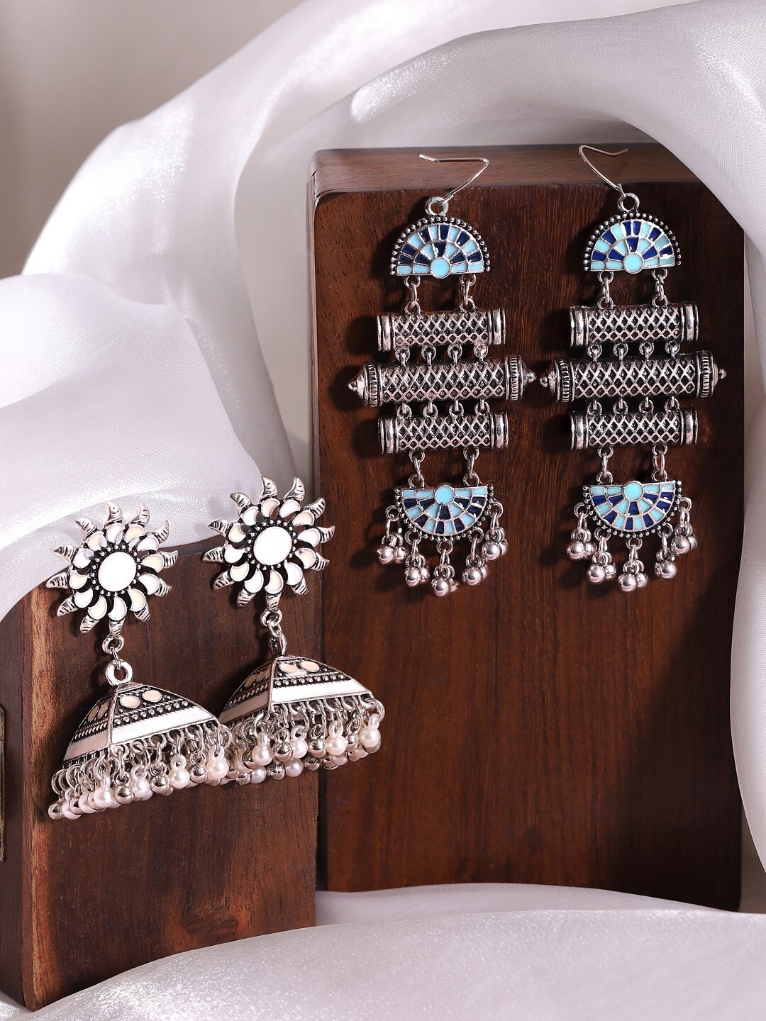 

Rubans Set Of 2 Silver-Plated Geometric Jhumkas Earrings