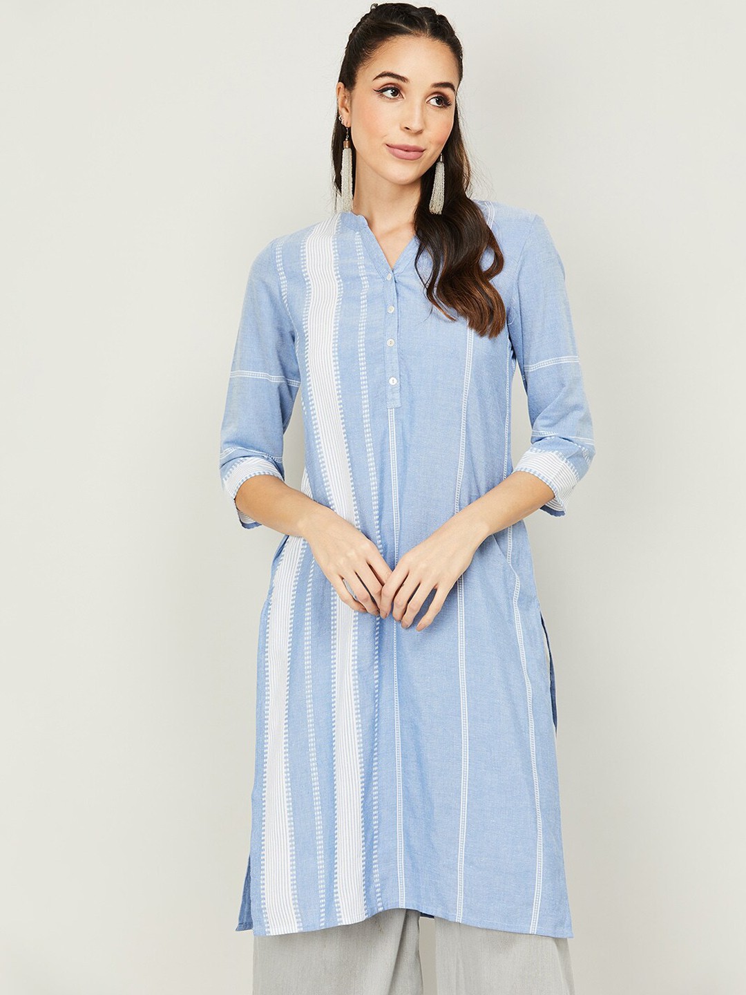 

Melange by Lifestyle Striped Band Collar Cotton Kurta, Blue