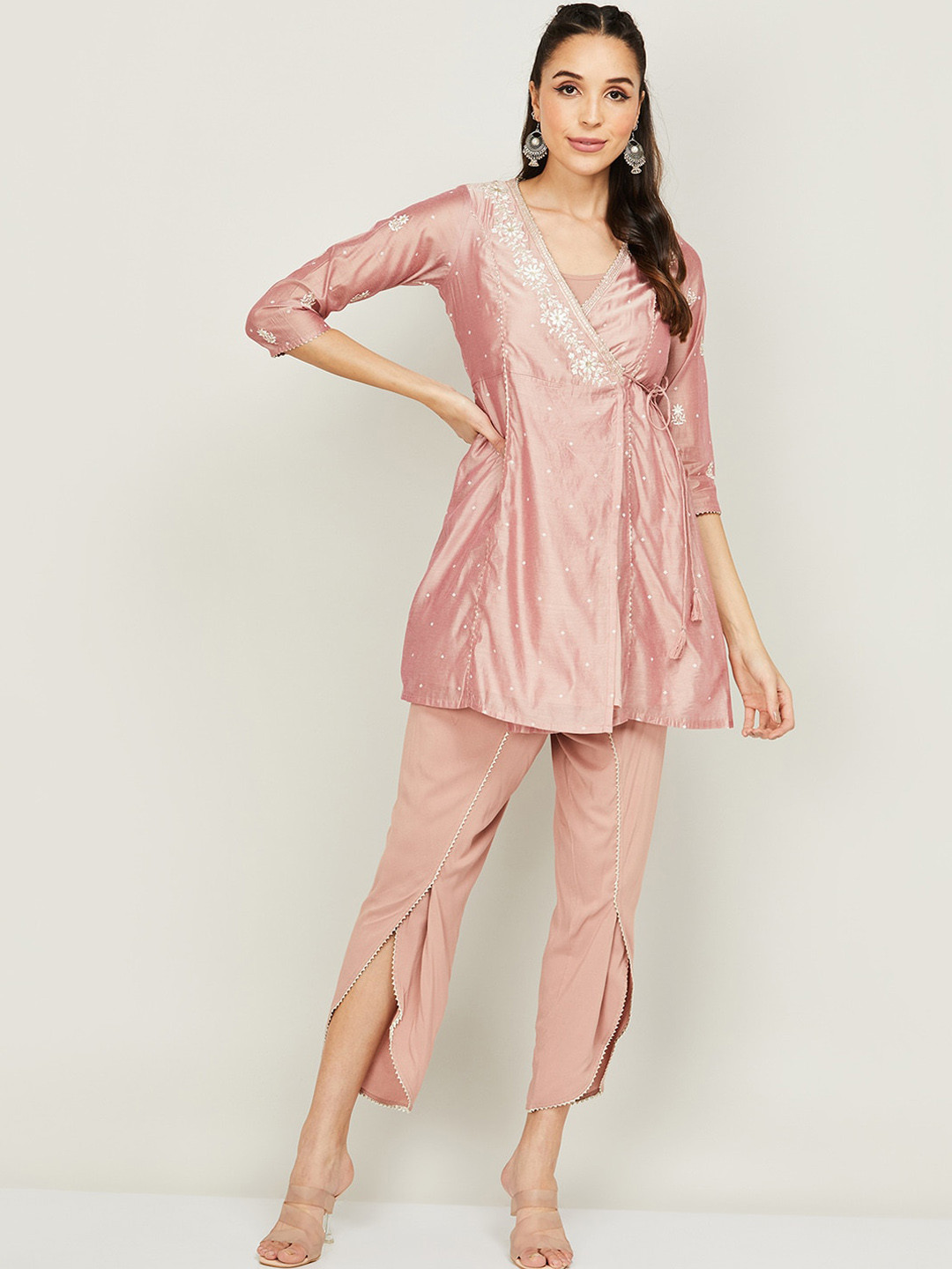 

Melange by Lifestyle Floral Embroidered Angrakha Kurti With Trousers, Pink