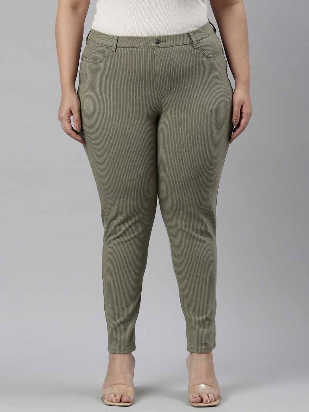 

Go Colors Women Plus Size Striped Mid Ris Slim Fit Striped Jeggings, Olive