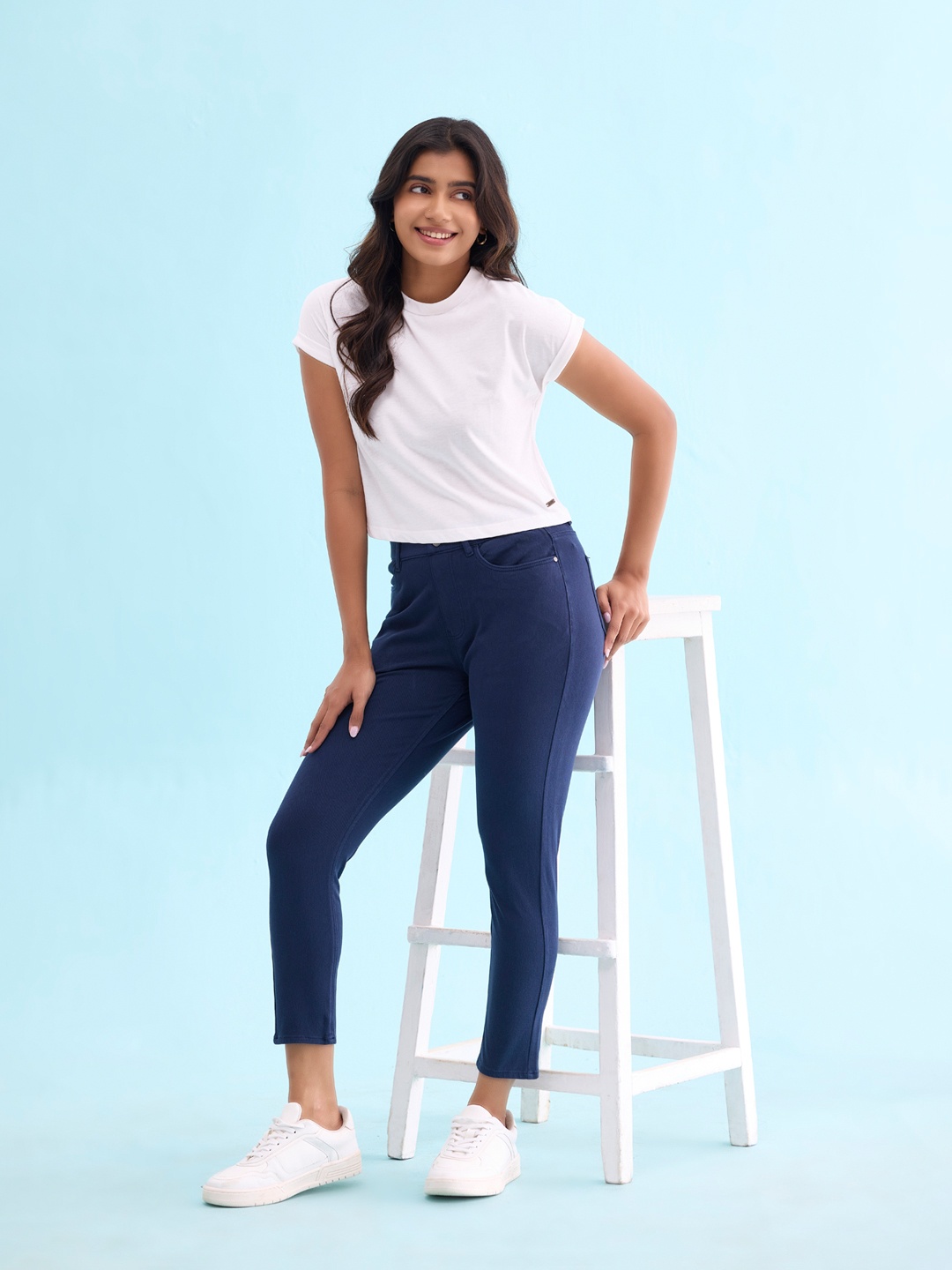 

Go Colors Women Plus Size Striped Mid Ris Slim Fit Striped Jeggings, Navy blue