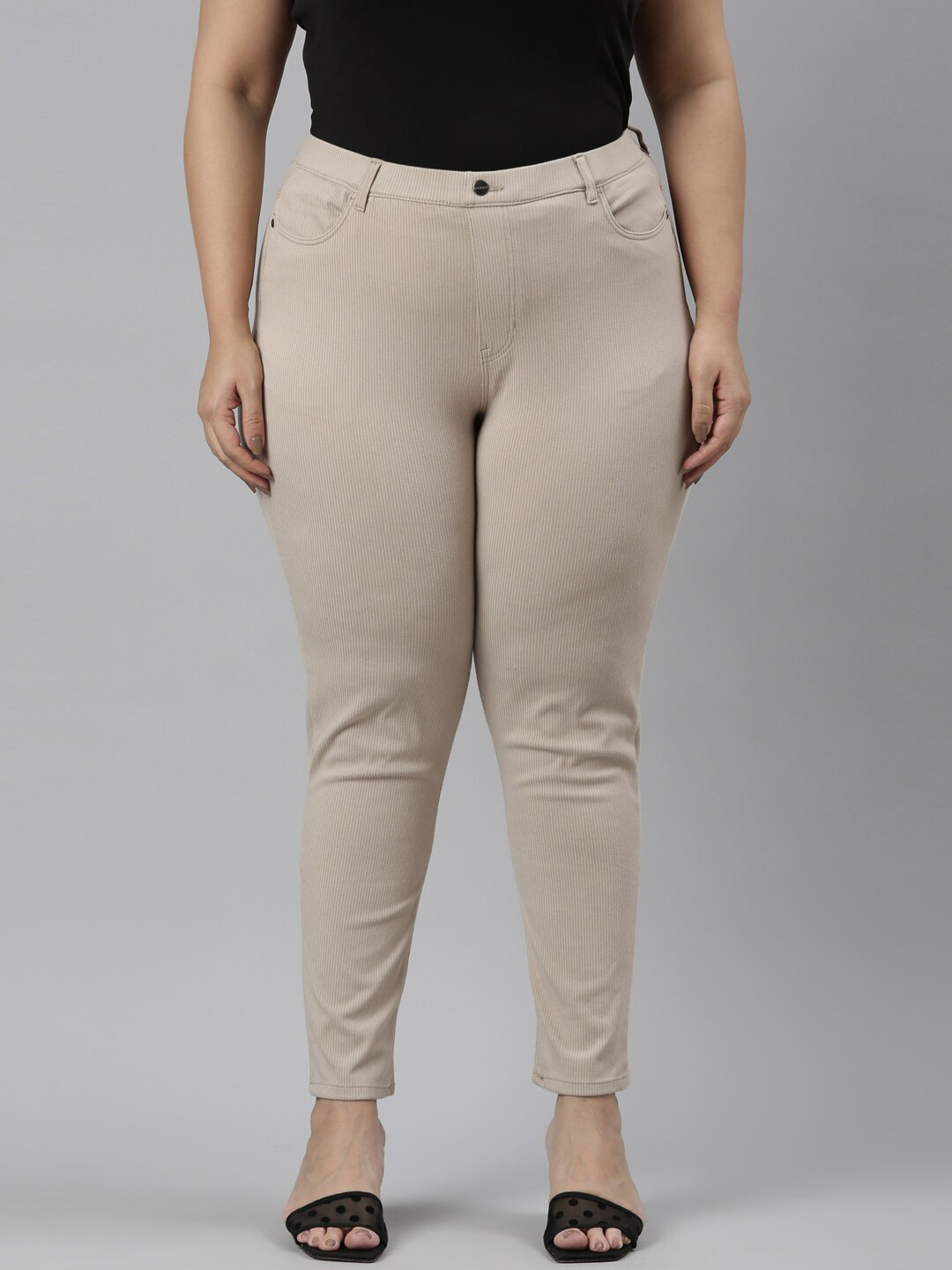 

Go Colors Women Plus Size Slim Fit Striped Jeggings, Beige