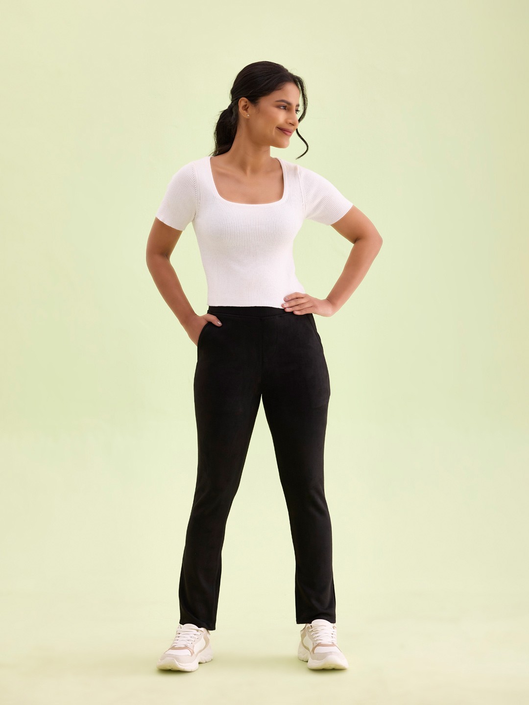 

Go Colors Women Plus Size Mid Rise Slim Fit Treggings, Black