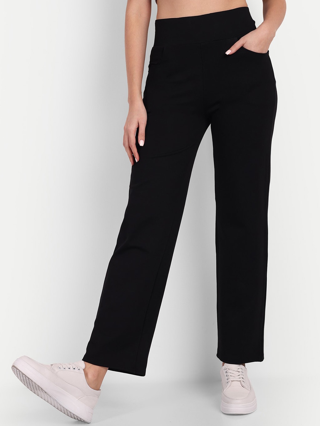 

Next One Women Relaxed Straight Leg High-Rise Stretchable Easy Wash Trousers, Black