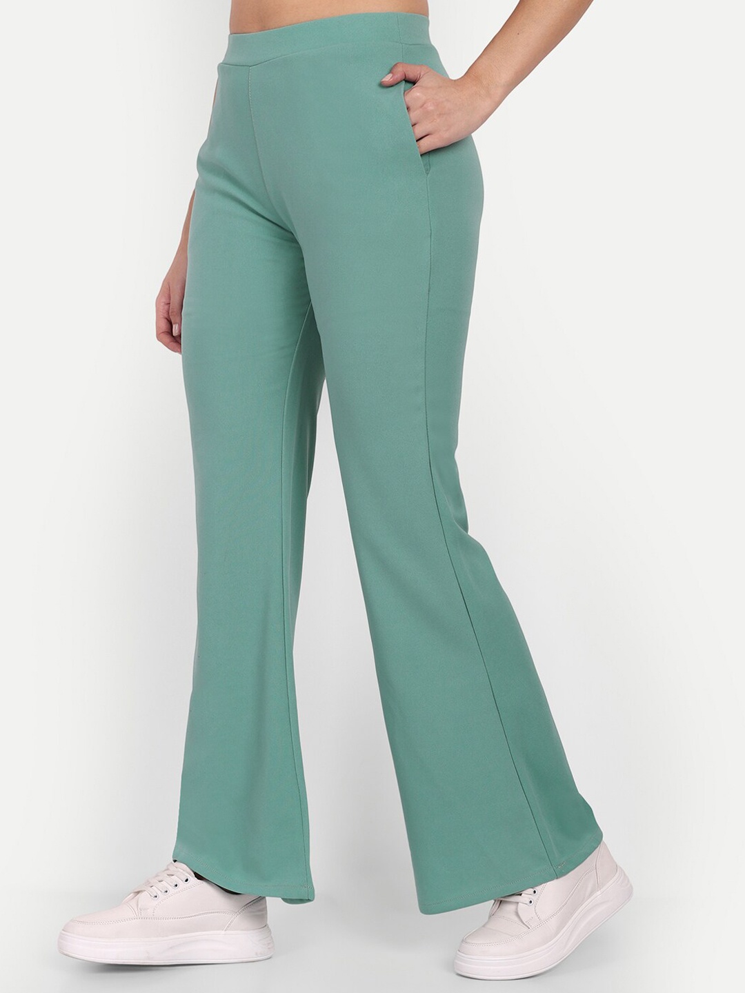 

Next One Women Turquoise Blue Relaxed Flared High-Rise Easy Wash Trousers