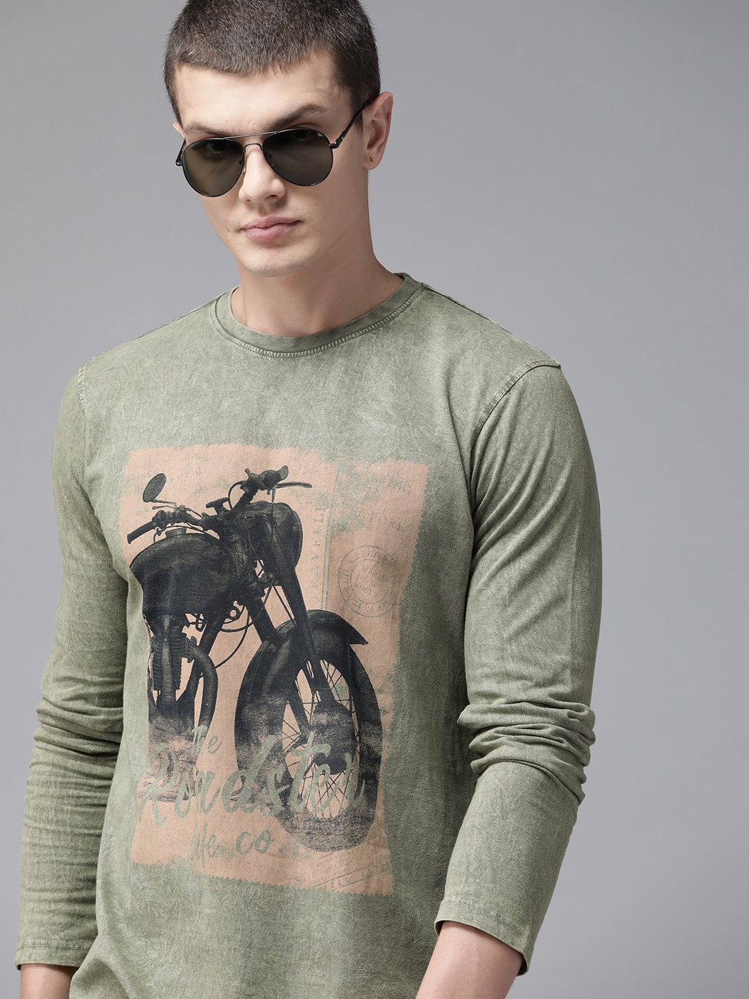 

Roadster Men Graphic Printed Pure Cotton T-shirt, Olive