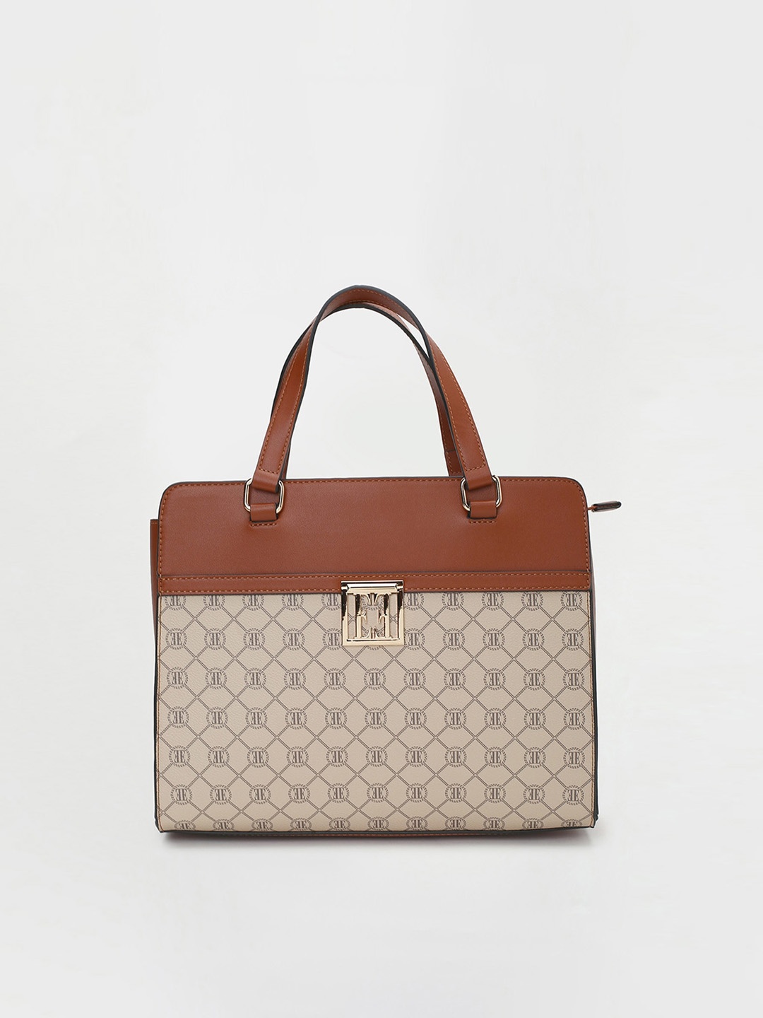 

ELLE Typography Printed Structured Handheld Bag, Tan