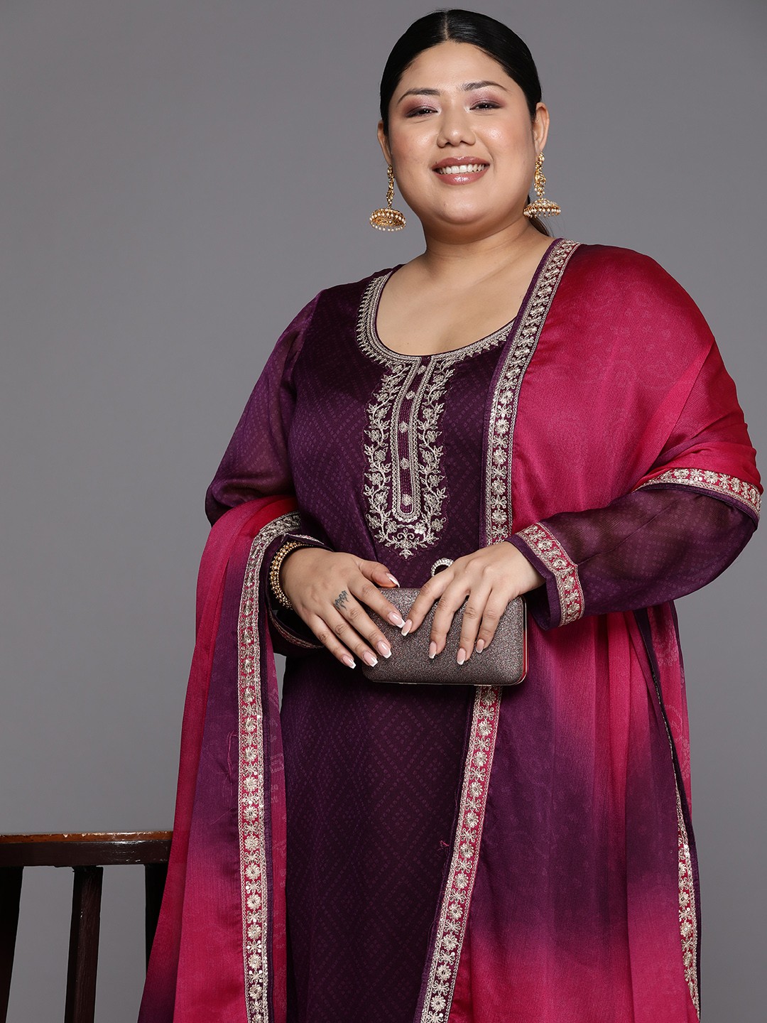 

EXTRA LOVE BY LIBAS Women Purple Floral Yoke Design Regular Kurta with Trousers & With Dupatta