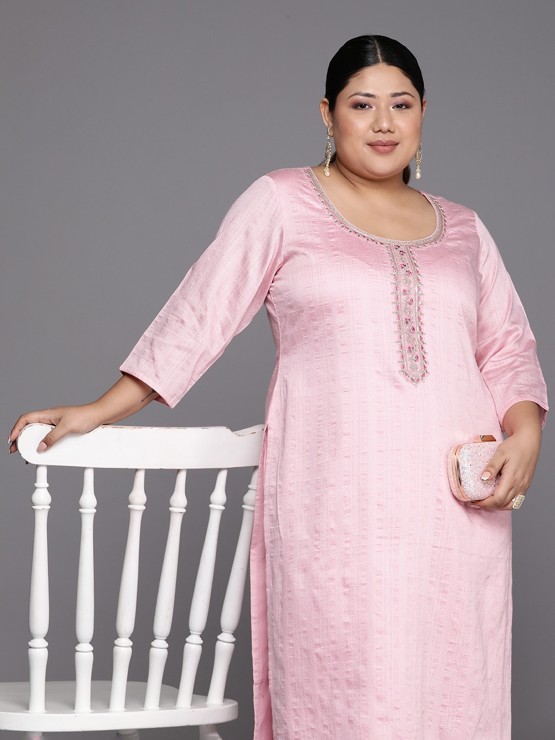 

EXTRA LOVE BY LIBAS Women Pink Pastels Dobby Kurta