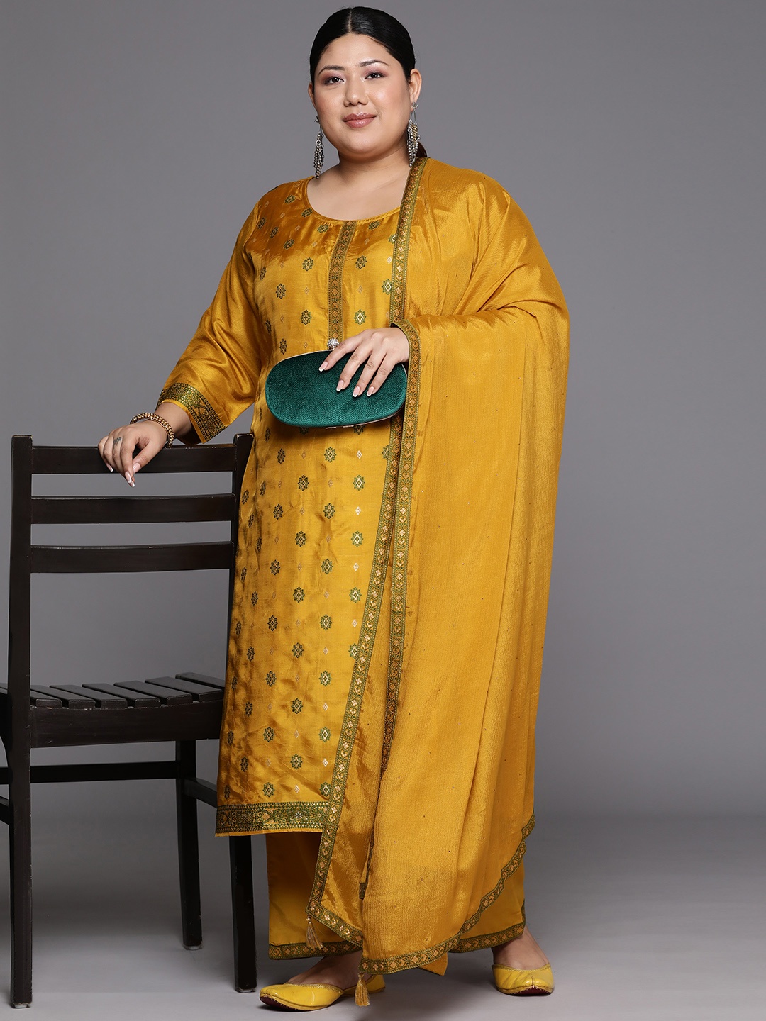 

EXTRA LOVE BY LIBAS Women Mustard Yellow Floral Regular Kurta with Trousers & With Dupatta