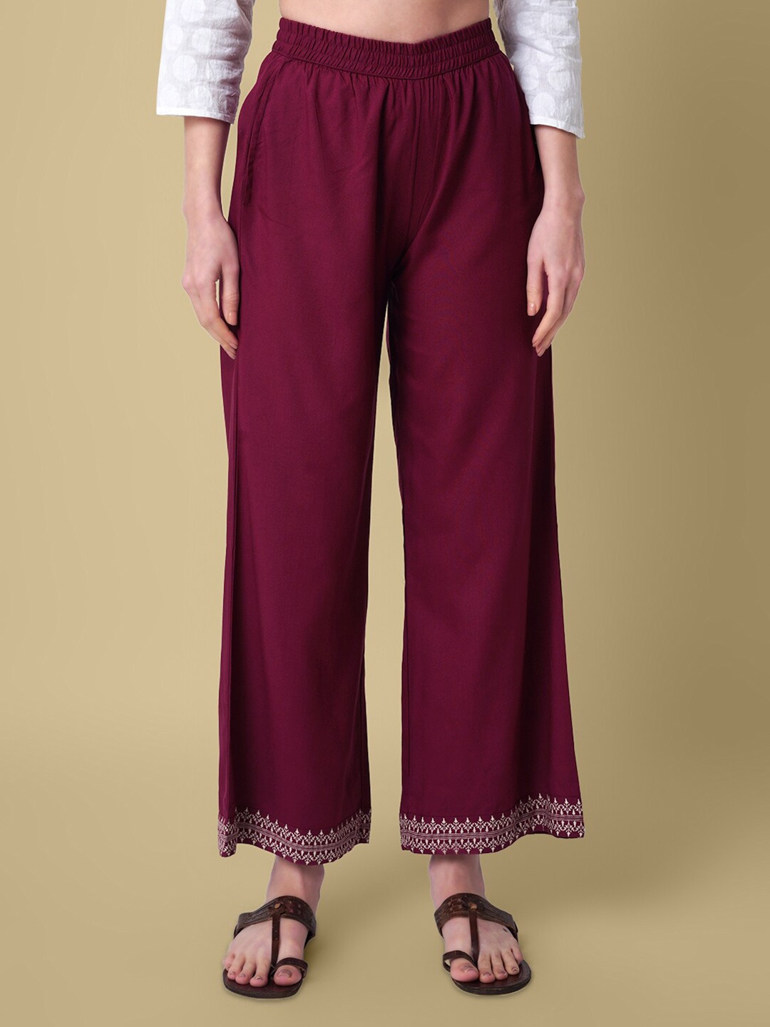 

DAEVISH Women Ethnic Motifs Printed Wide Leg Palazzos, Maroon