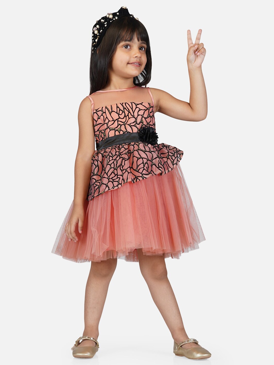 

Toy Balloon kids Girls Round Neck Self Design Net Fit & Flare Dress, Pink