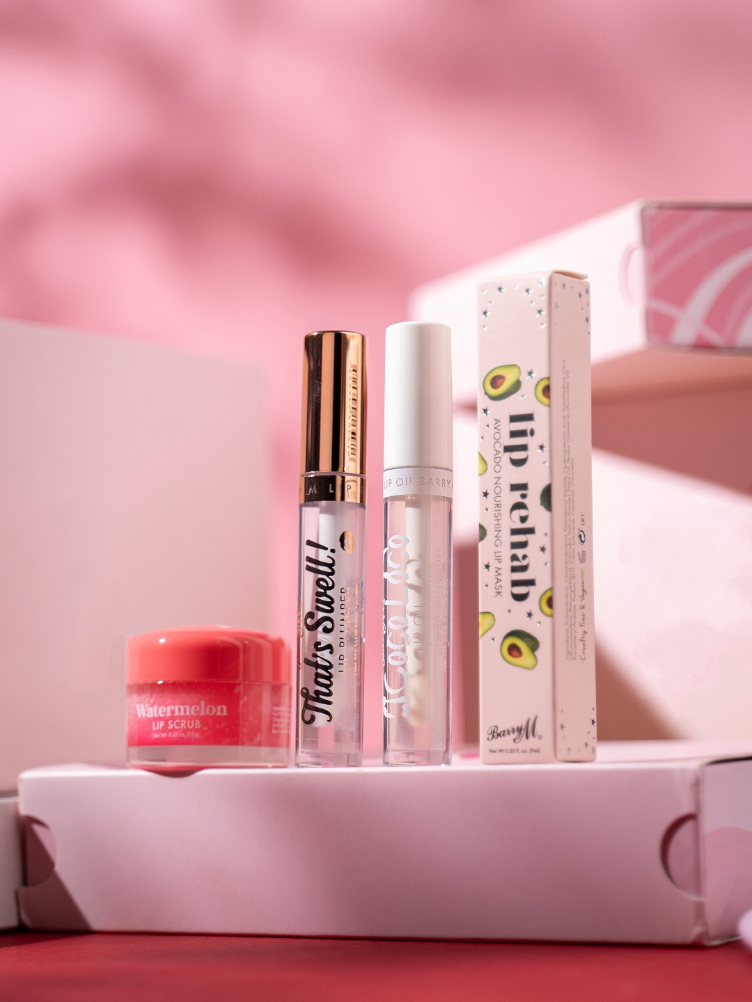 

BarryM Watermelon Lip Scrub + Lip Plumper + Coco Loco Lip Oil + Lip Rehab Lip Mask, Pink