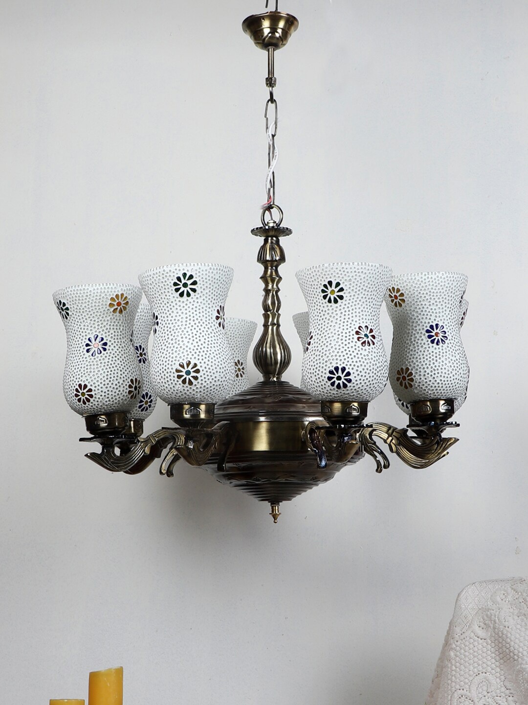 

Devansh White & Green Mosaic Design Glass 8 Shades Chandelier