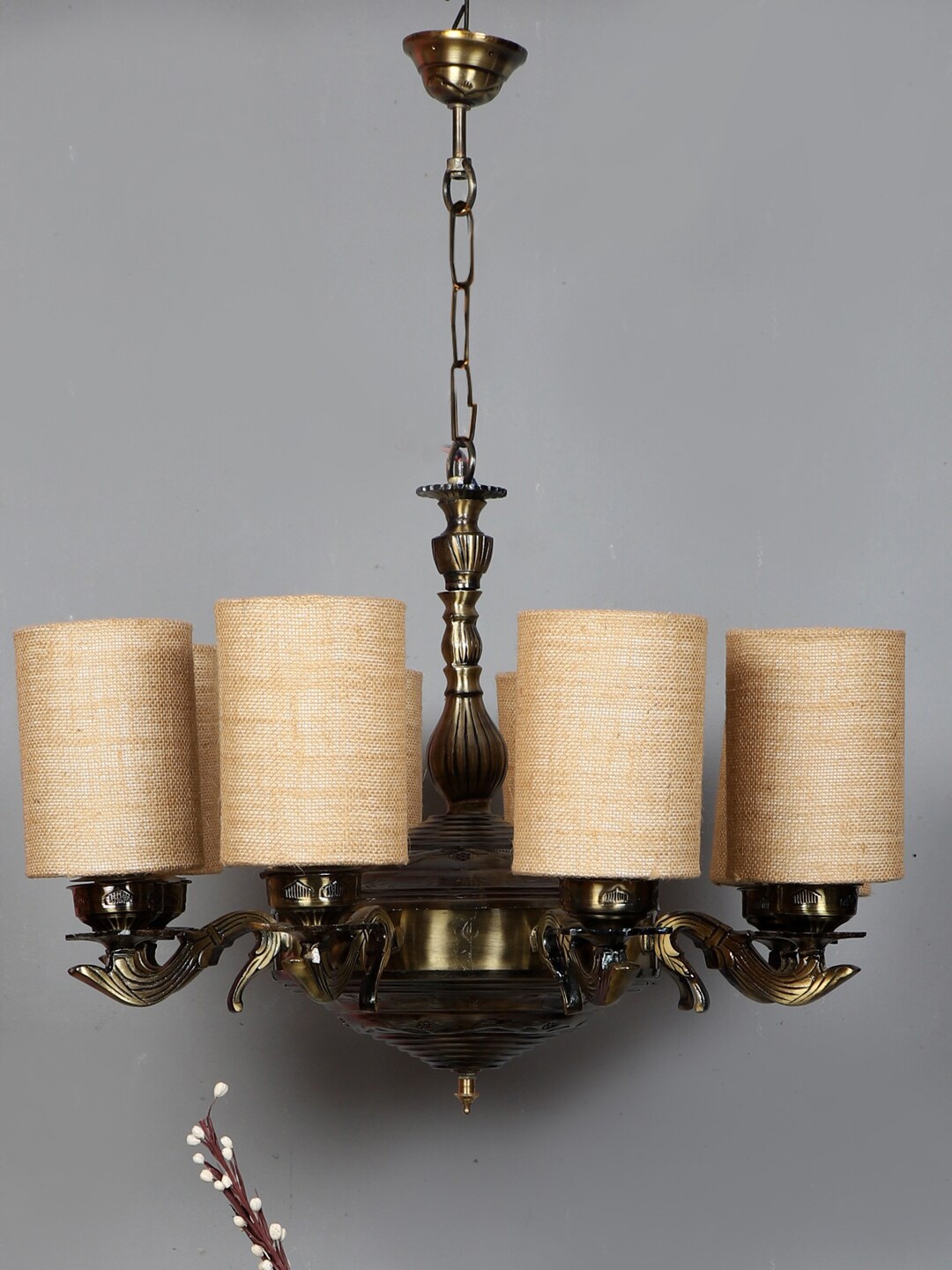 

Devansh Beige & Gold-Toned Textured Jute 8 Lamp Shades Chandelier