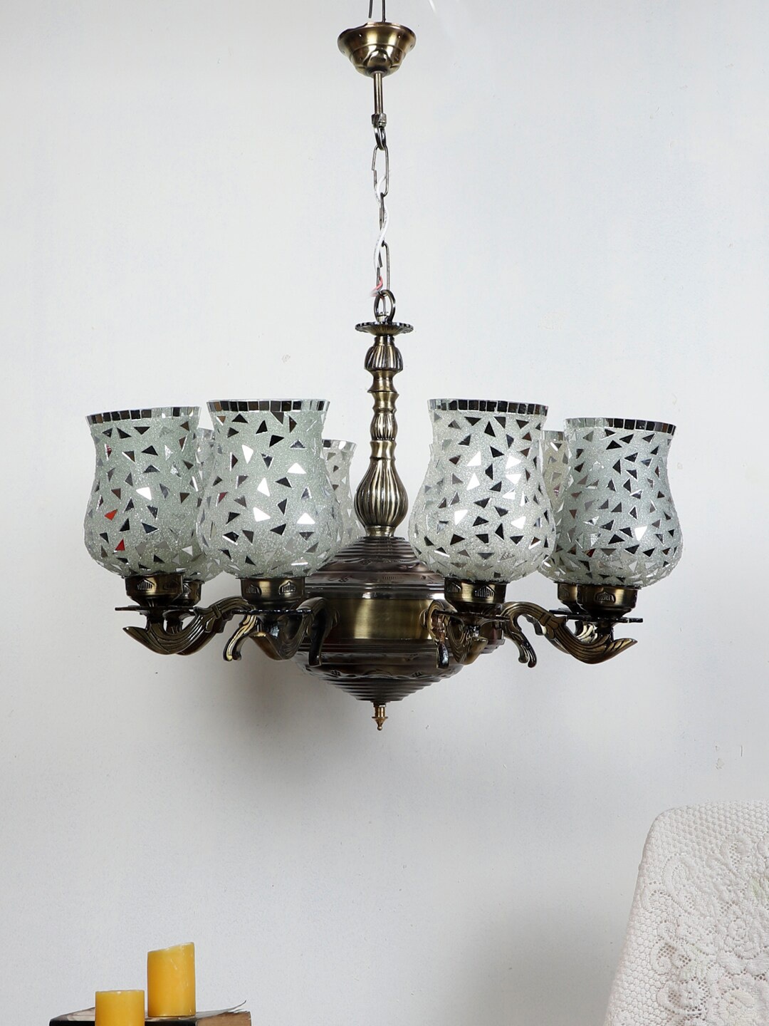 

Devansh Silver Toned Mosaic Design Glass 8 Shades Chandelier