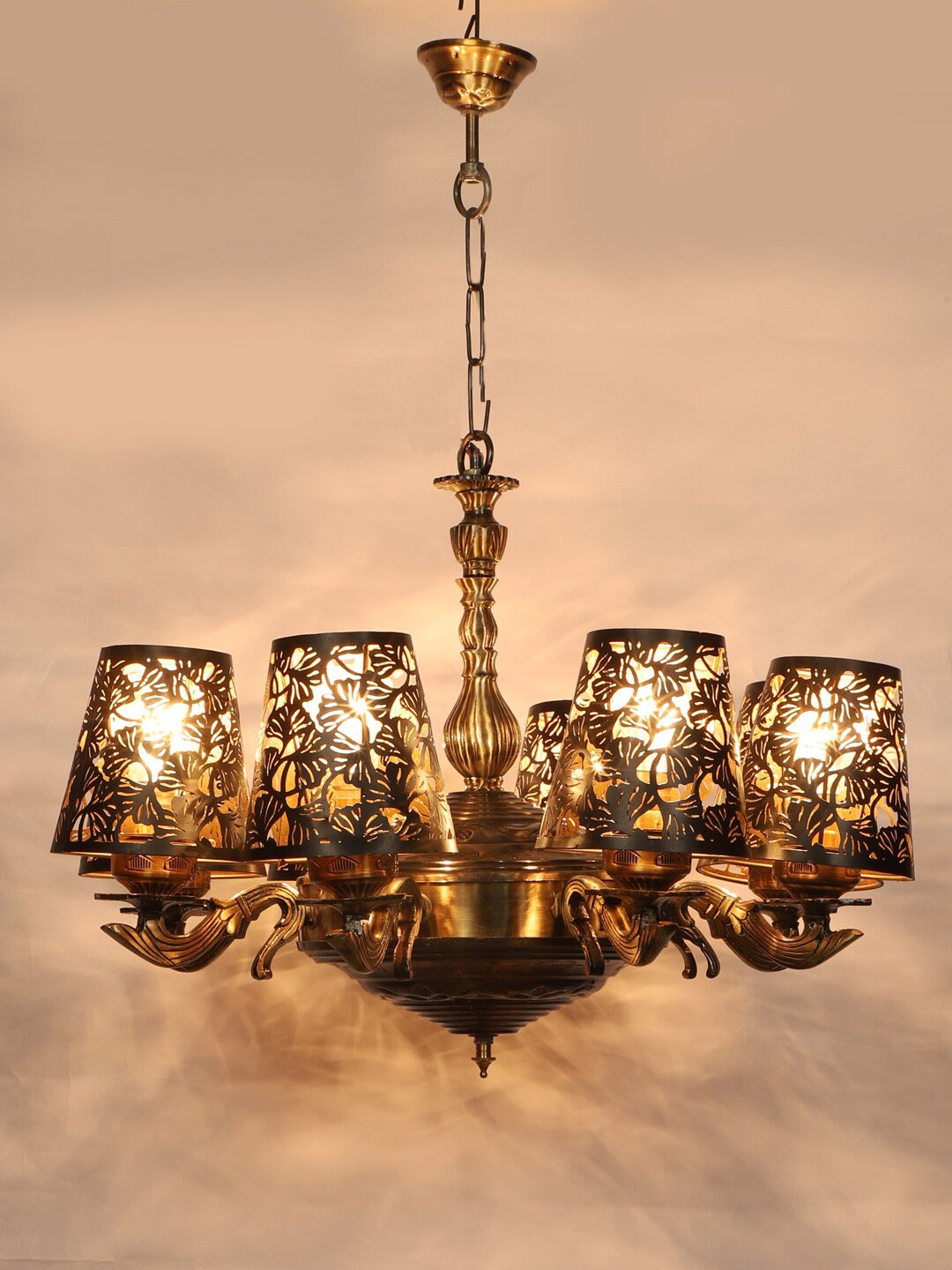 

Devansh Black & Gold-Toned Self Design Metal Etching 8 Lamp Shades Chandelier