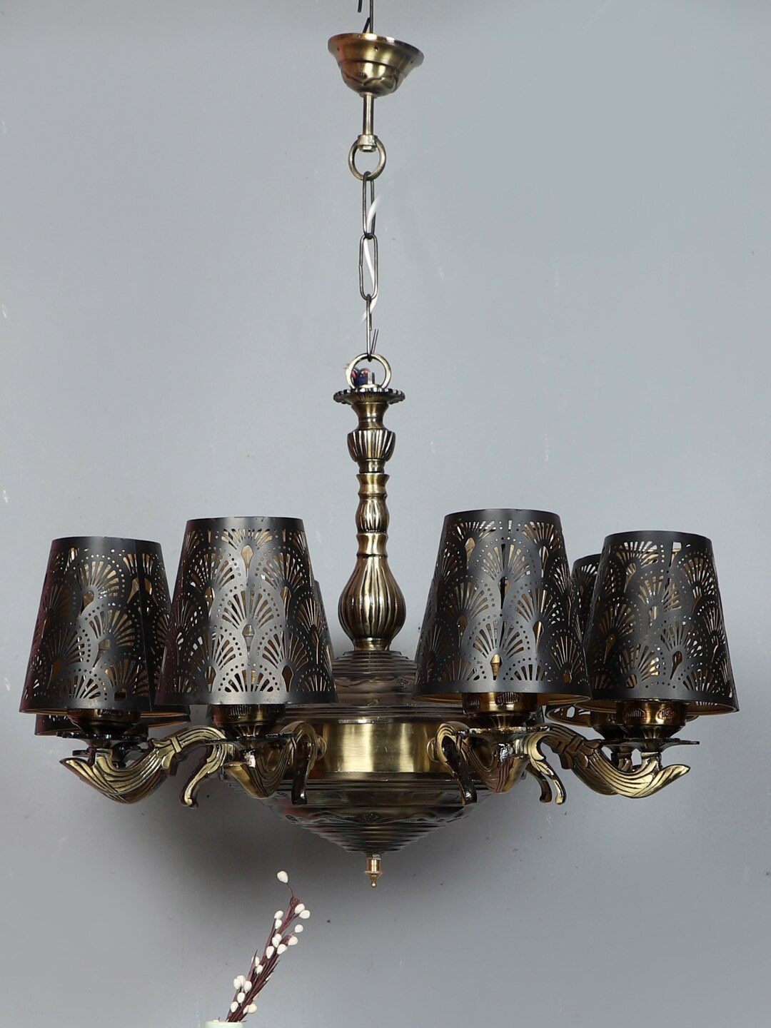 

Devansh Black & Gold-Toned Self Design Metal Etching 8 Lamp Shades Chandelier