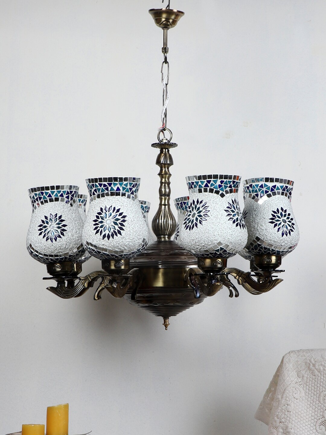 

Devansh White & Blue Mosaic Design Glass 8 Shades Chandelier