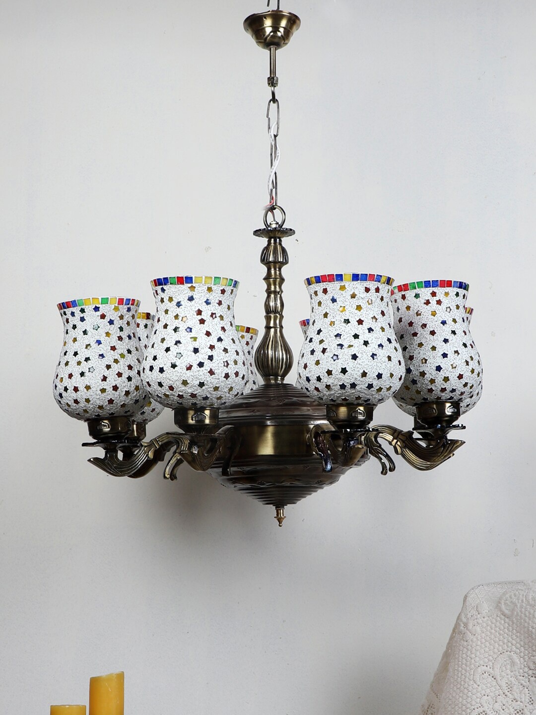 

Devansh White & Yellow Mosaic Design Glass 8 Shades Chandelier