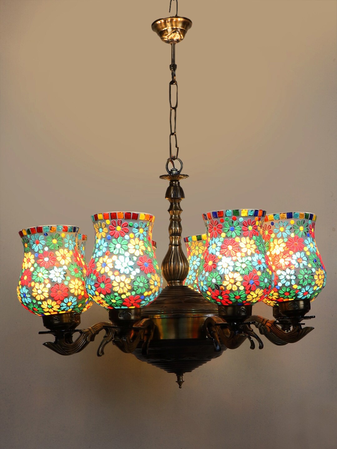 

Devansh White & Red Mosaic Design Glass 8 Shades Chandelier