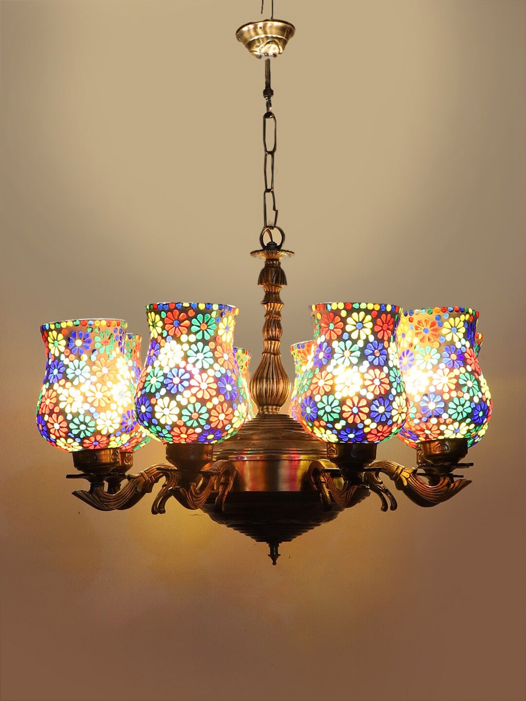 

Devansh White & Red Mosaic Design Glass 8 Shades Chandelier