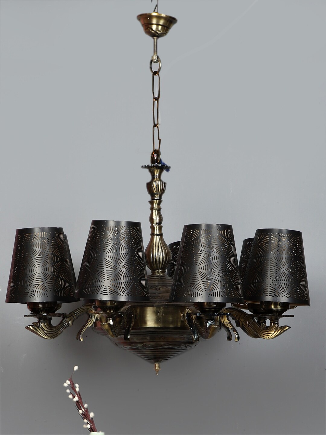 

Devansh Black & Gold-Toned Self Design Metal Etching 8 Lamp Shades Chandelier