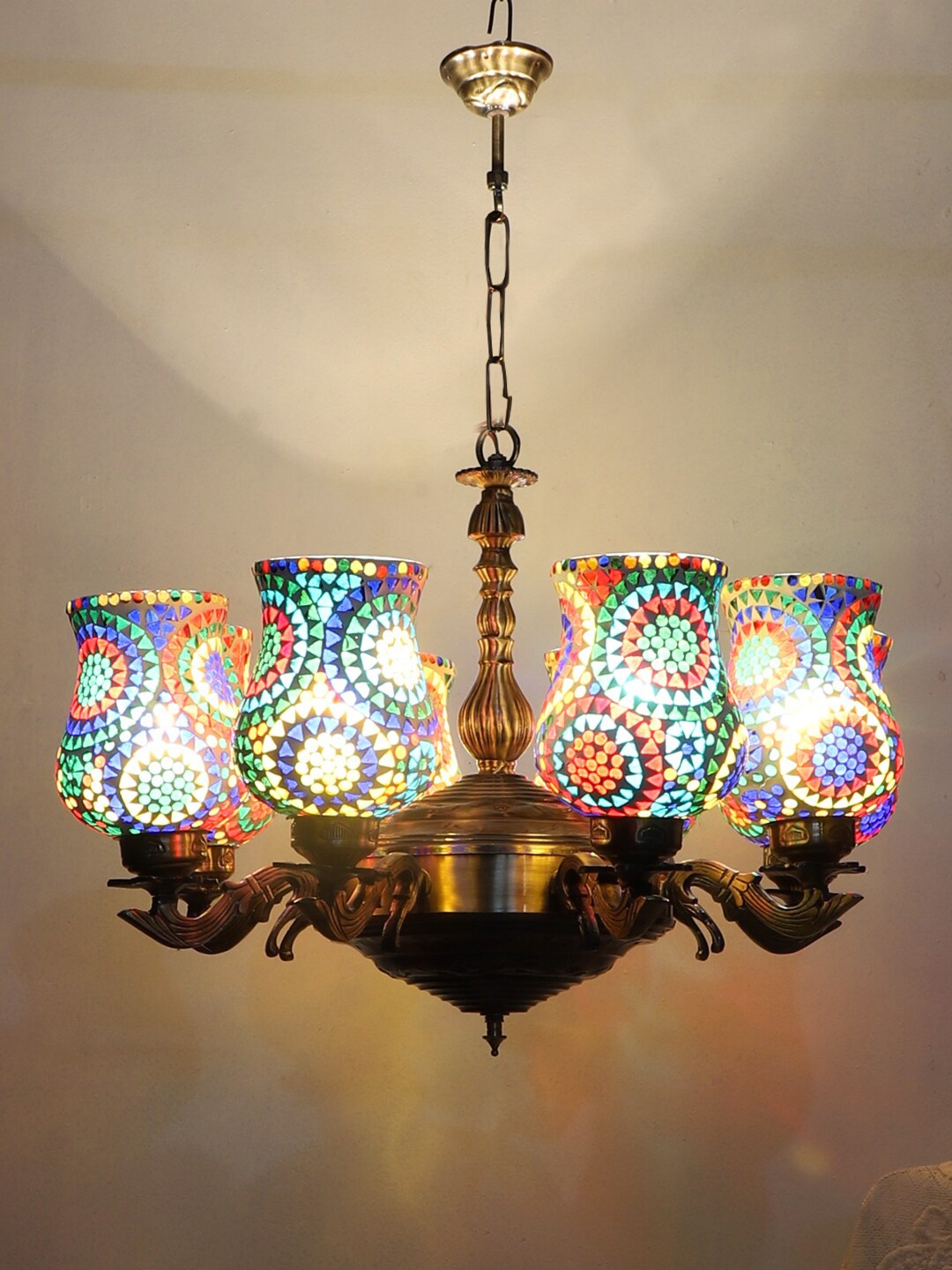

Devansh White & Blue Mosaic Design Glass 8 Shades Chandelier