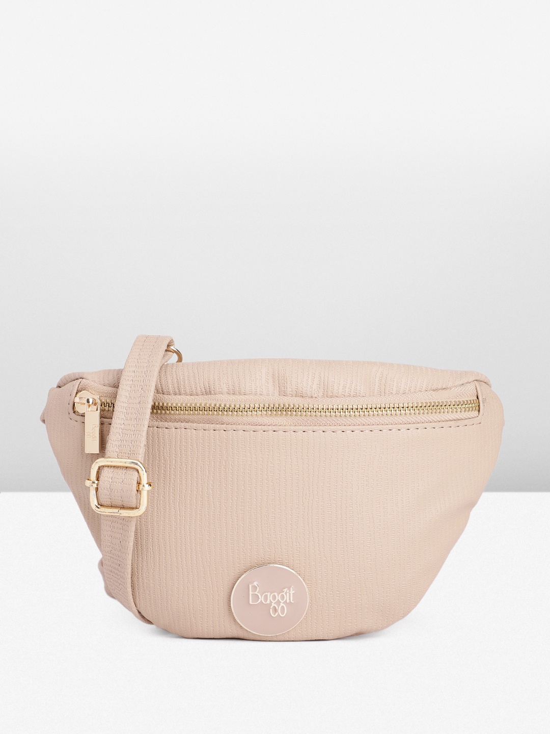 

Baggit Textured Structured Sling Bag With Brand Logo Buckle Detail, Beige