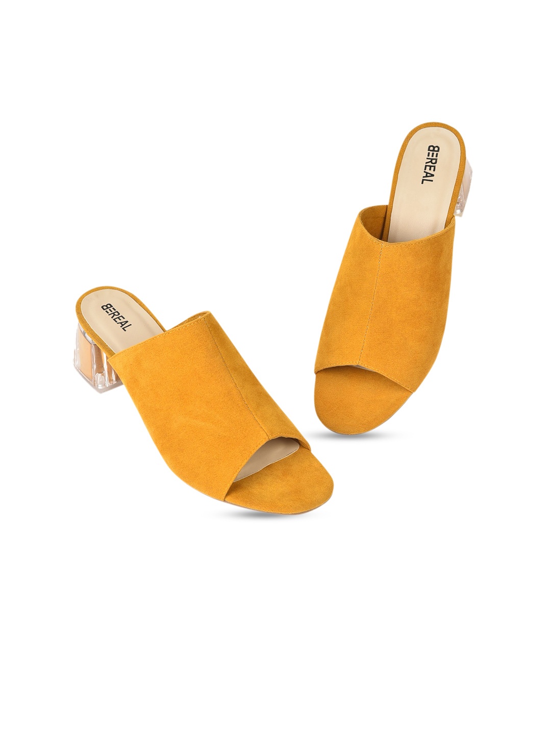 

BEREAL Peep Toe Block Heel Mules, Mustard