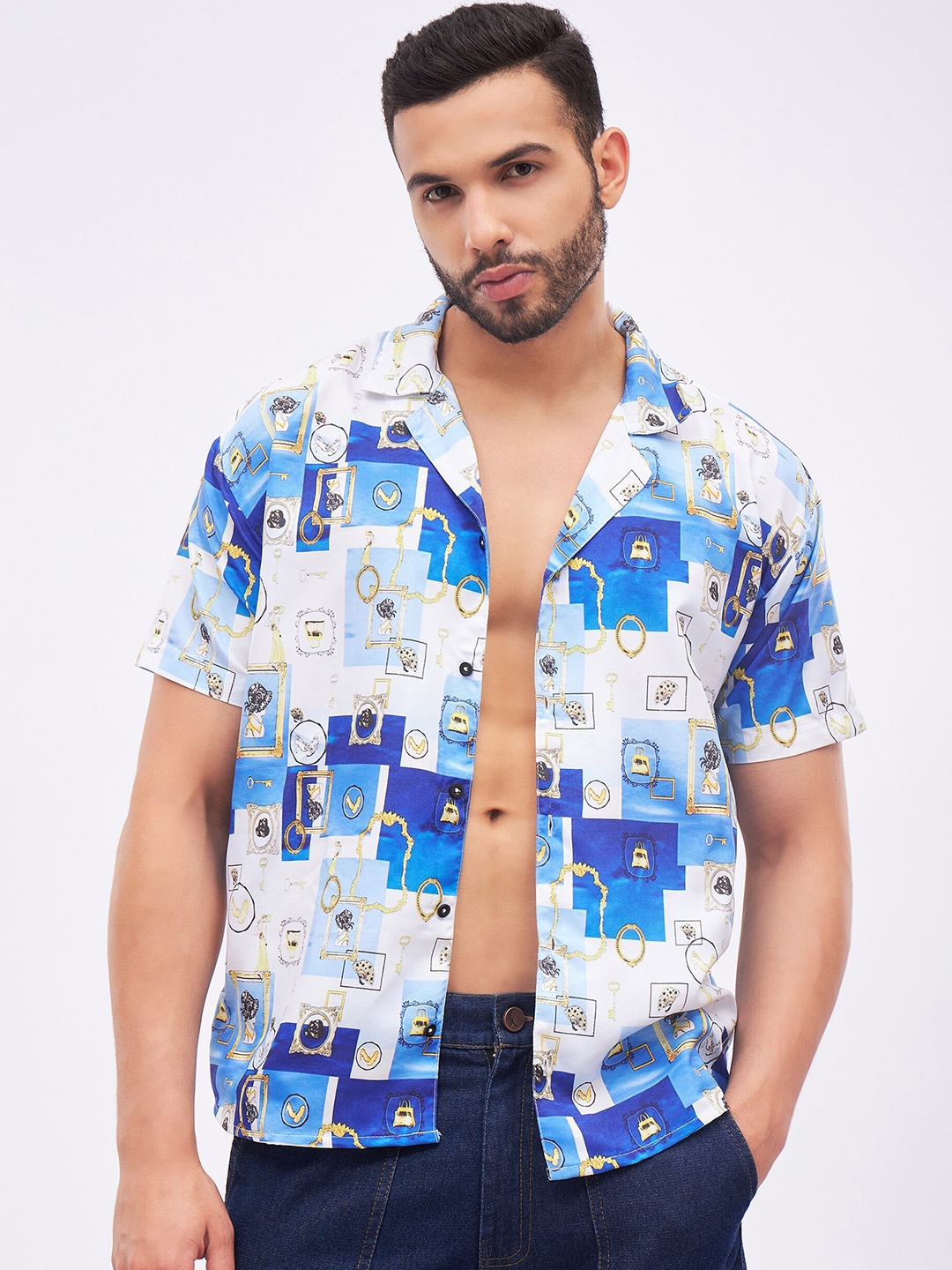 

FUGAZEE Conversational Printed Cuban Collar Relaxed Boxy Casual Shirt, Blue