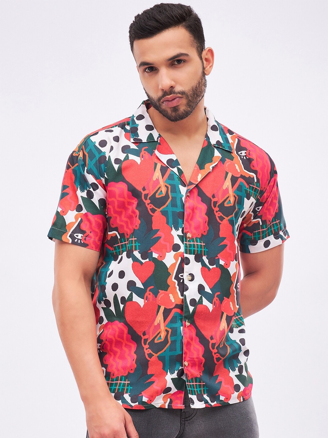 

FUGAZEE Abstract Printed Cuban Collar Relaxed Boxy Casual Shirt, Green