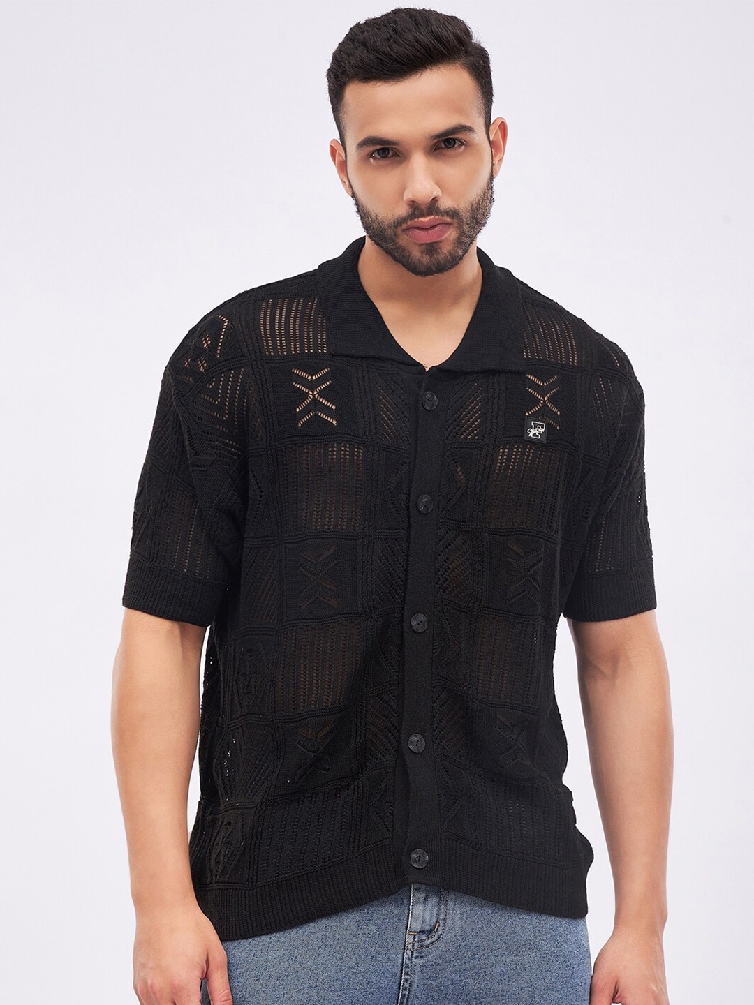 

FUGAZEE Relaxed Boxy Semi Sheer Crochet Knitted Casual Shirt, Black