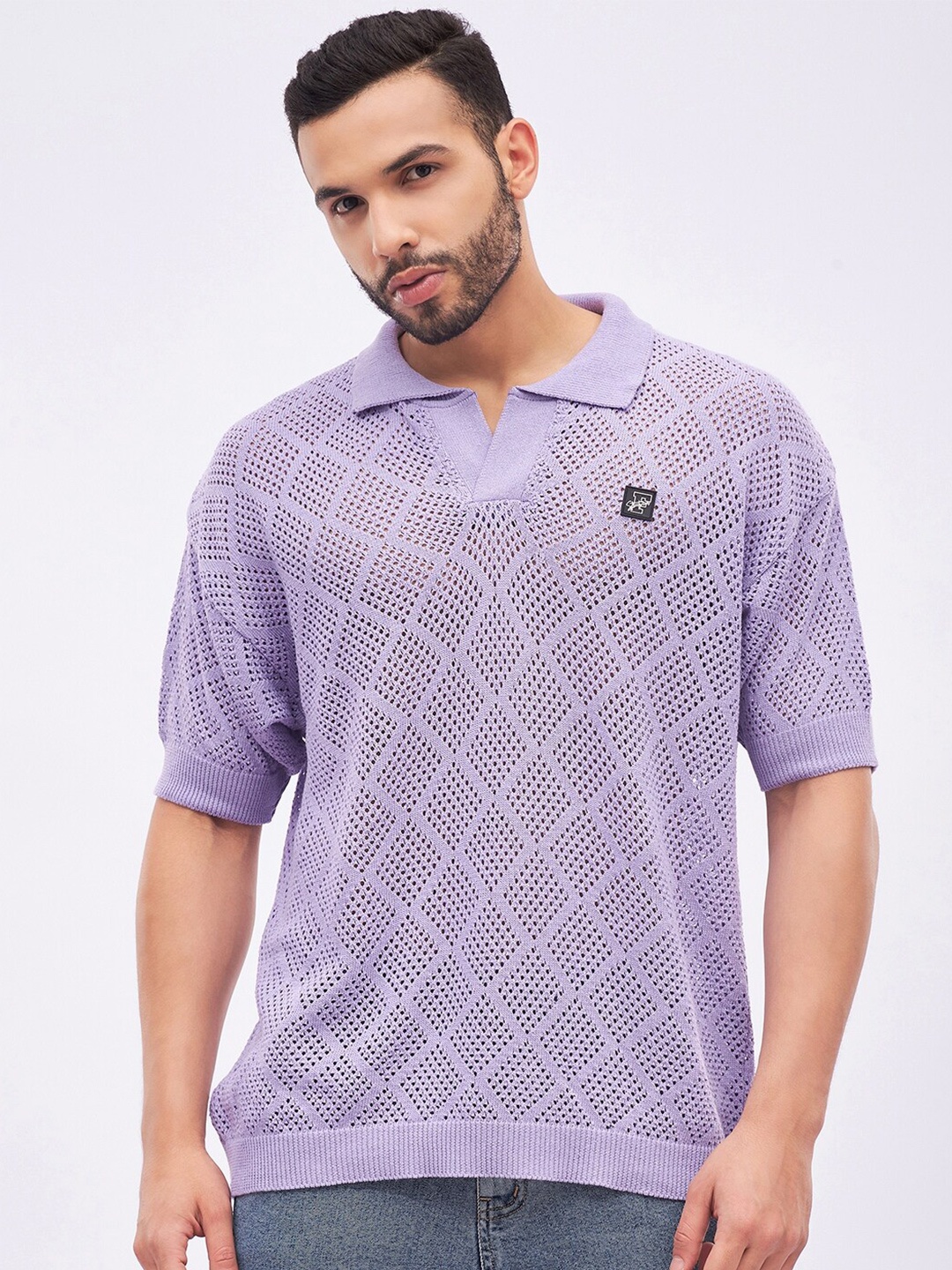 

FUGAZEE Crochet Polo Collar Loose T-shirt, Purple
