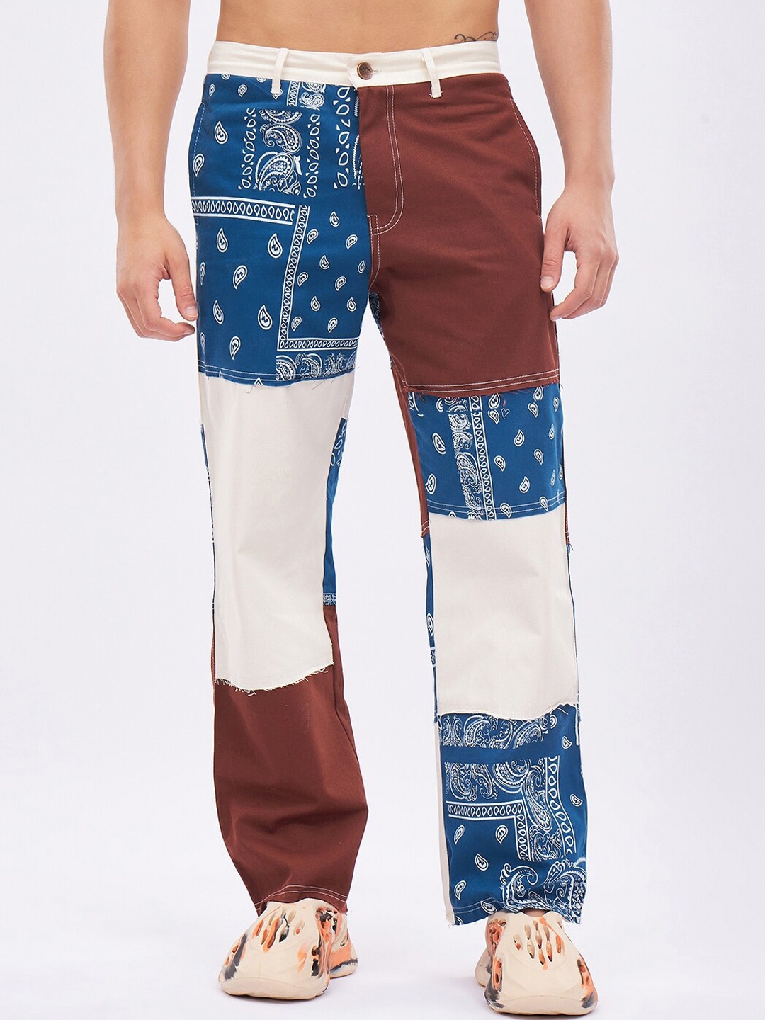 

FUGAZEE Men Brown & blue Ethnic Motifs Printed Easy Wash Relaxed Loose Fit Chinos Trousers