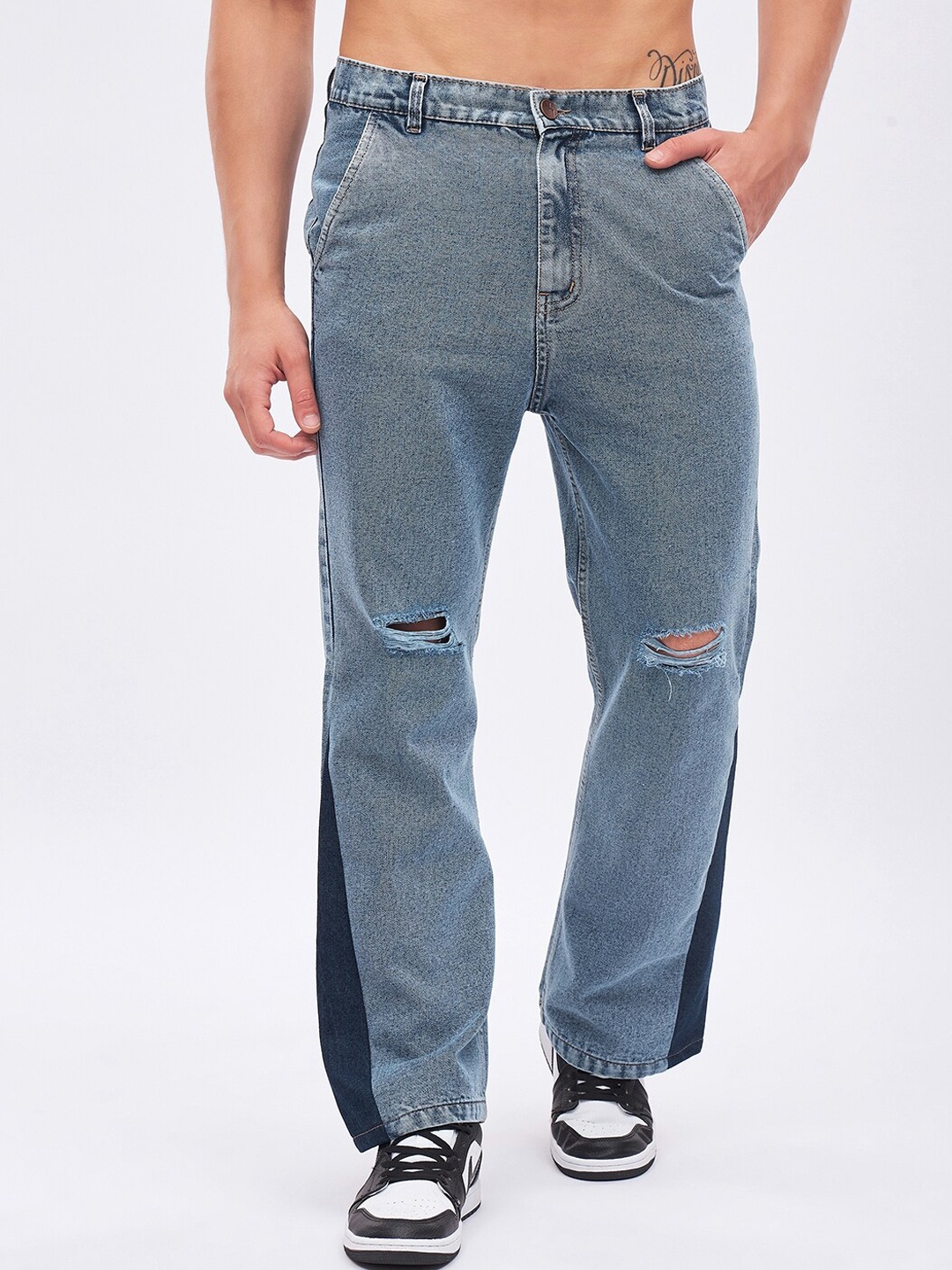 

FUGAZEE Men Slash Knee Bootcut Flared Cotton Jeans, Blue