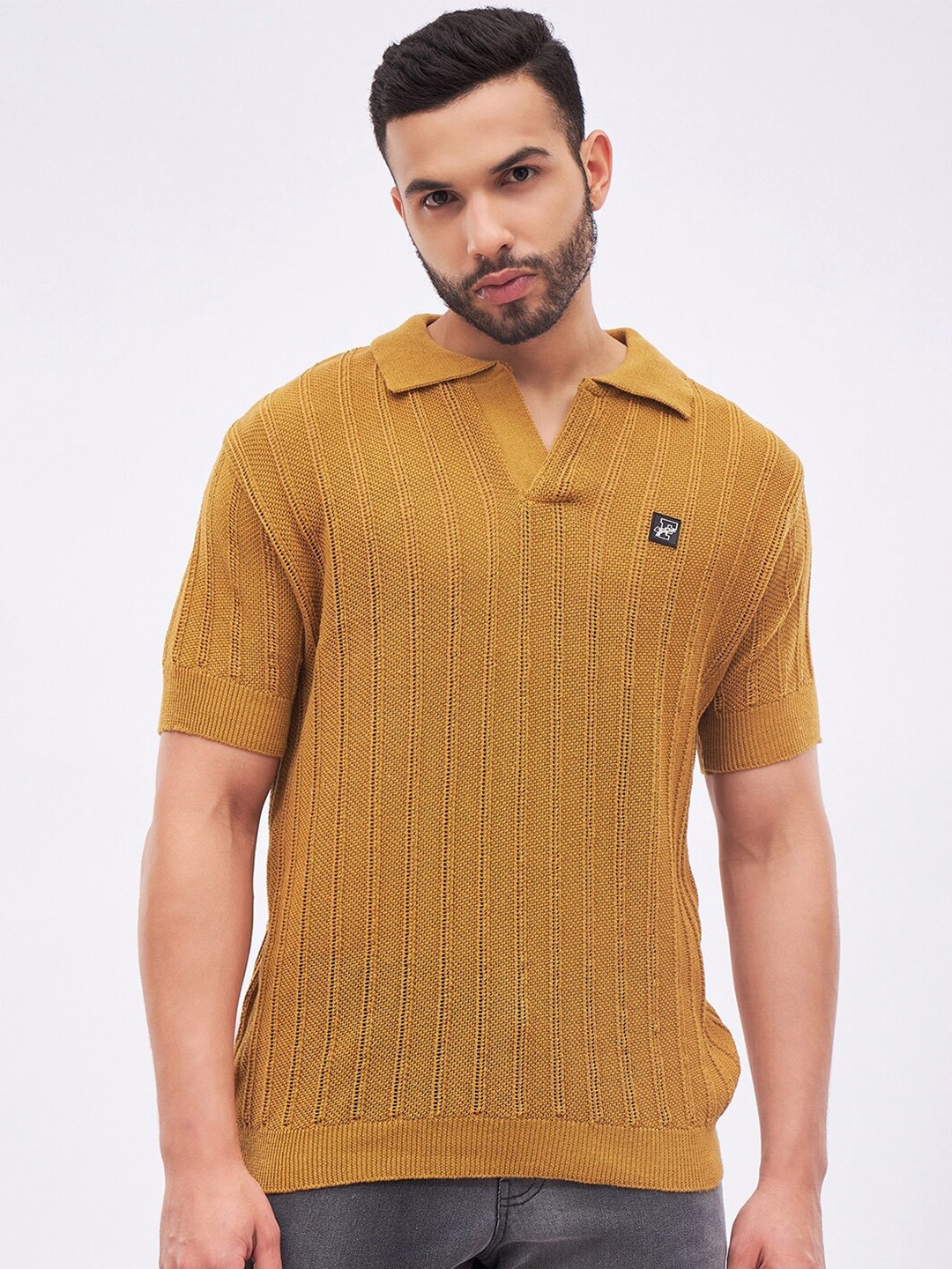 

FUGAZEE Self Design Polo Collar Loose T-Shirt, Mustard