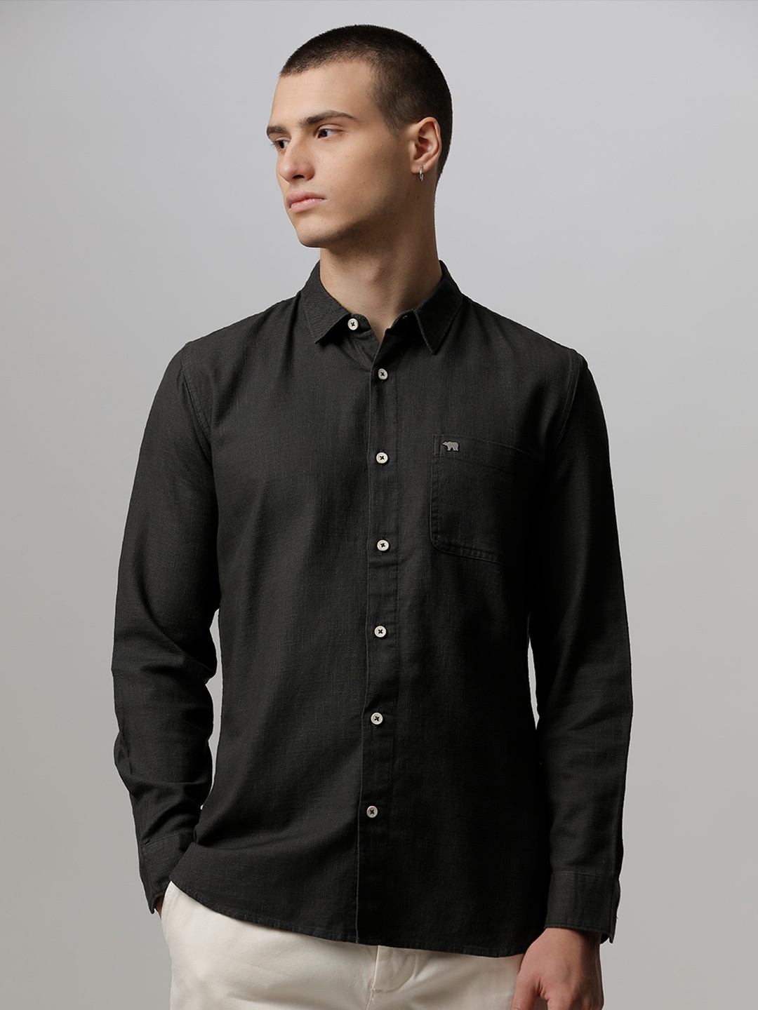 

THE BEAR HOUSE Slim Fit Opaque Casual Pure Cotton Shirt, Black