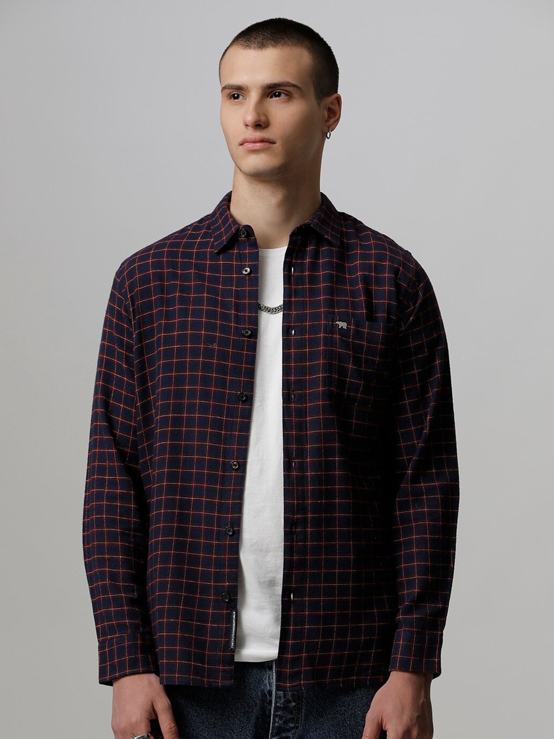

THE BEAR HOUSE Slim Fit Checked Opaque Casual Pure Cotton Shirt, Navy blue