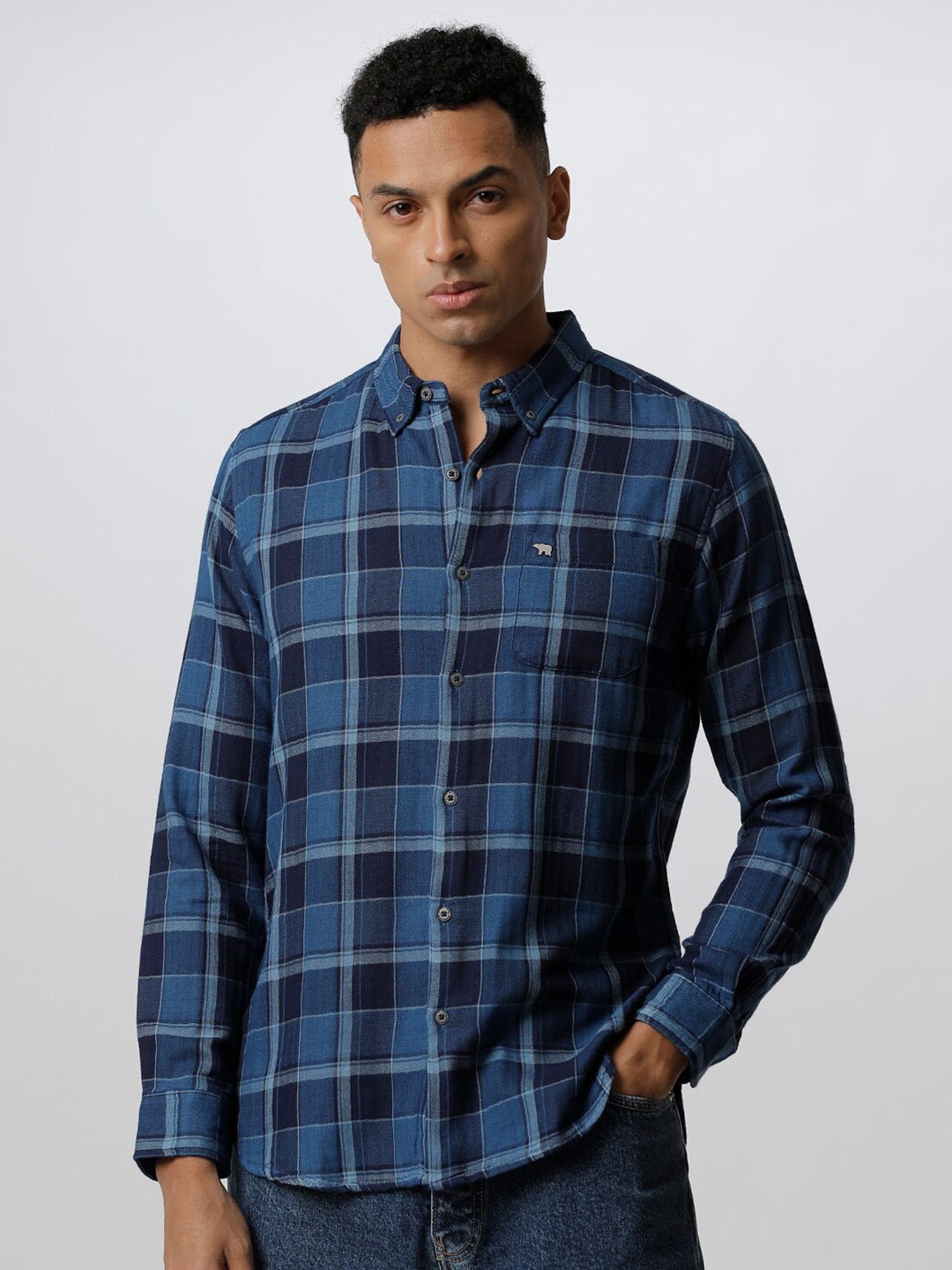 

THE BEAR HOUSE Slim Fit Tartan Checked Opaque Casual Pure Cotton Shirt, Navy blue