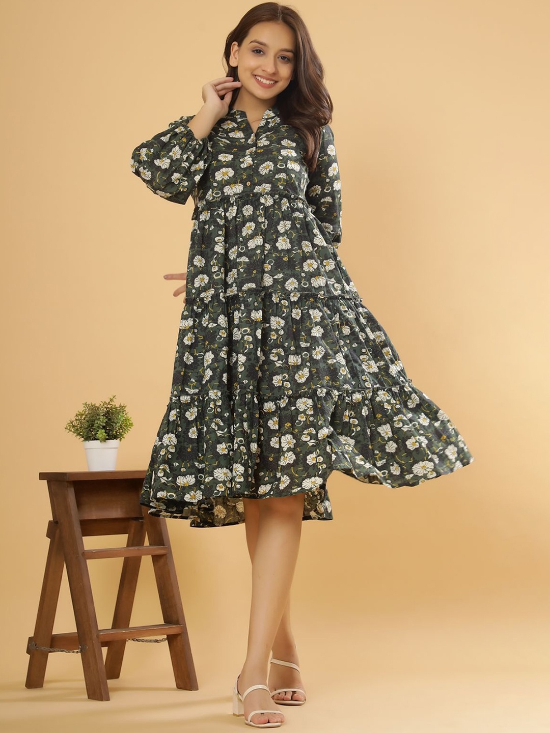 

AUTUMN LANE Printed Cotton Mandarin Collar Puff Sleeves Fit & Flare Ethnic Dresses, Green